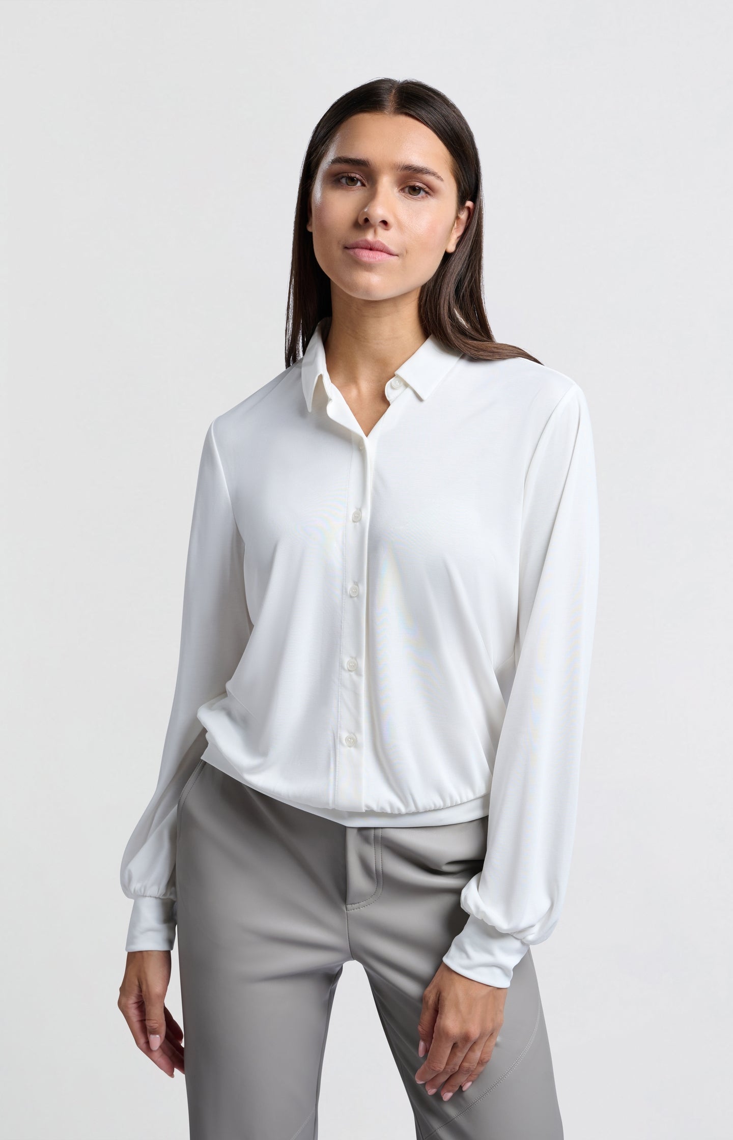 Jersey blouse top with balloon sleeves and button closure