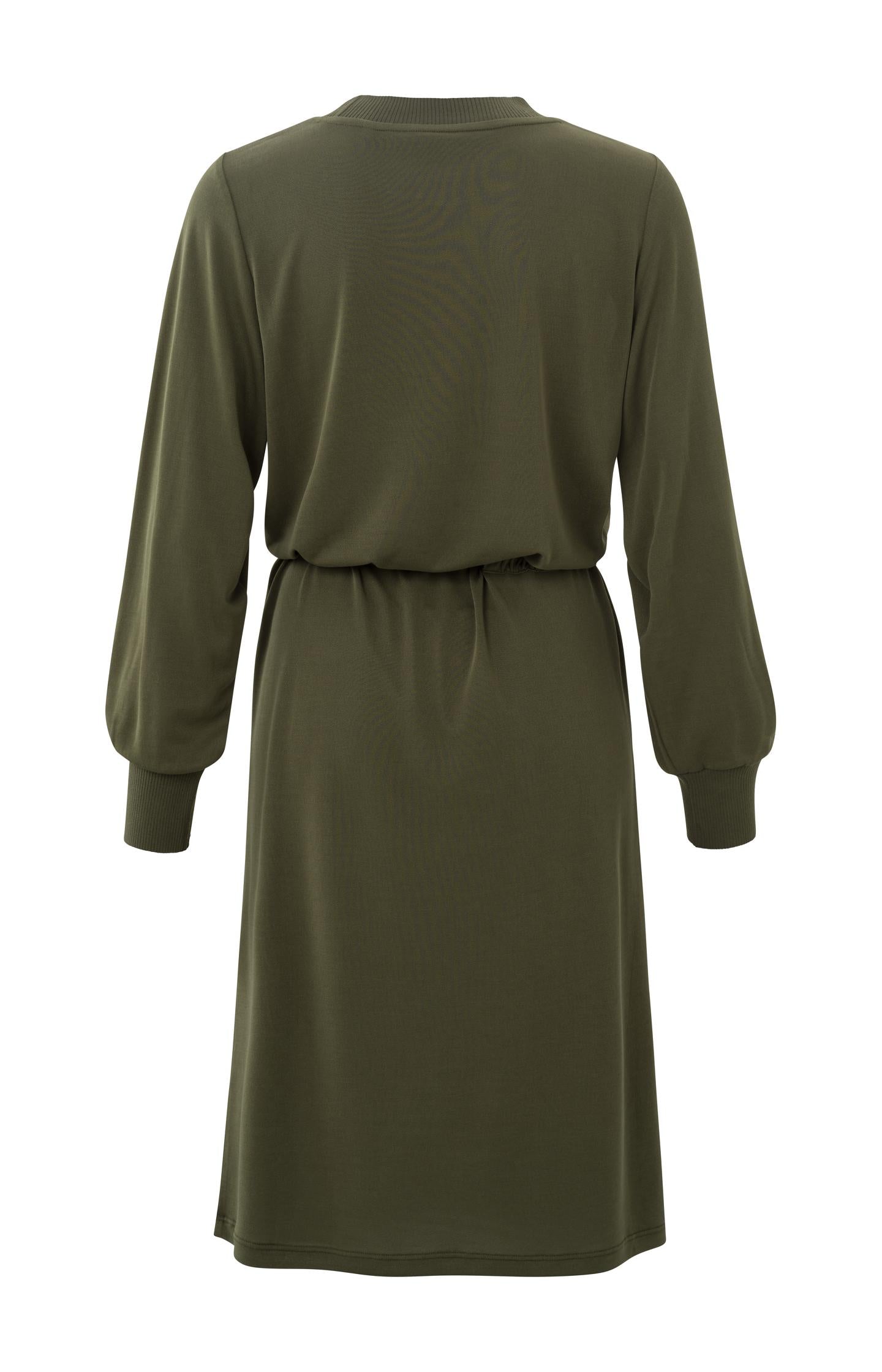 Jersey dress with high neck, long puff sleeves and cord