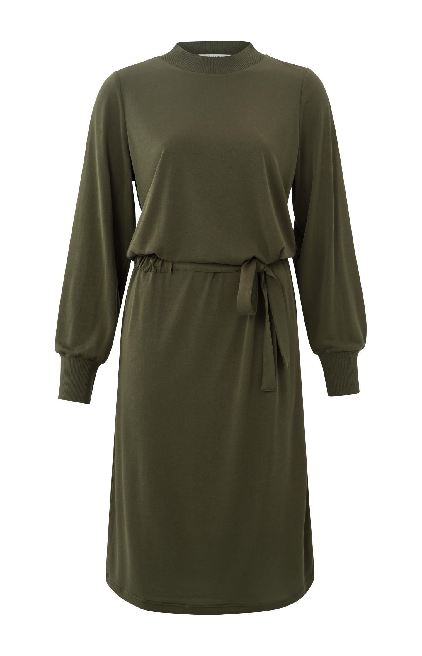 Jersey dress with high neck, long puff sleeves and cord - Type: product