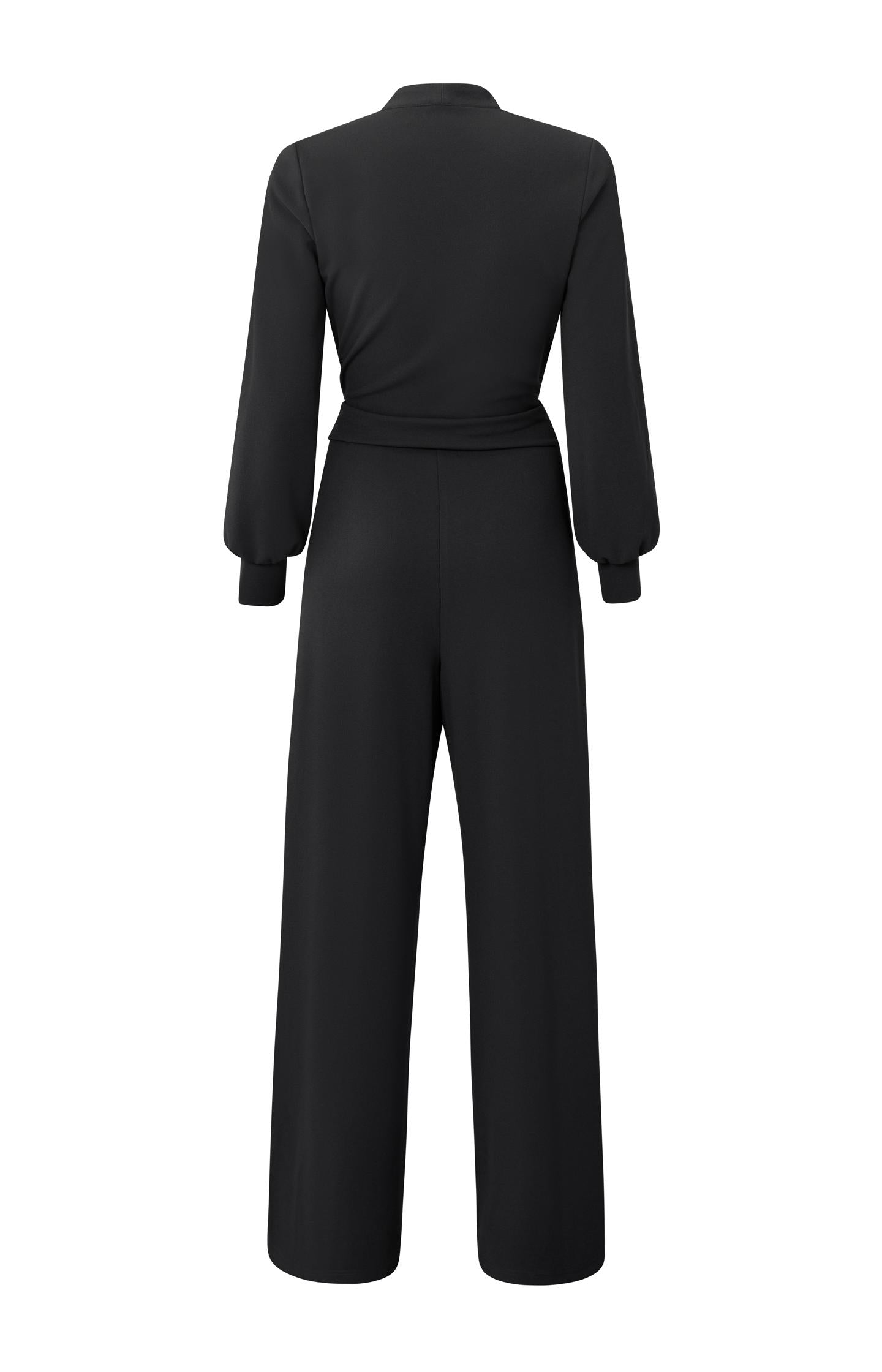 Jersey jumpsuit with a V-neck, a wide leg and a bow