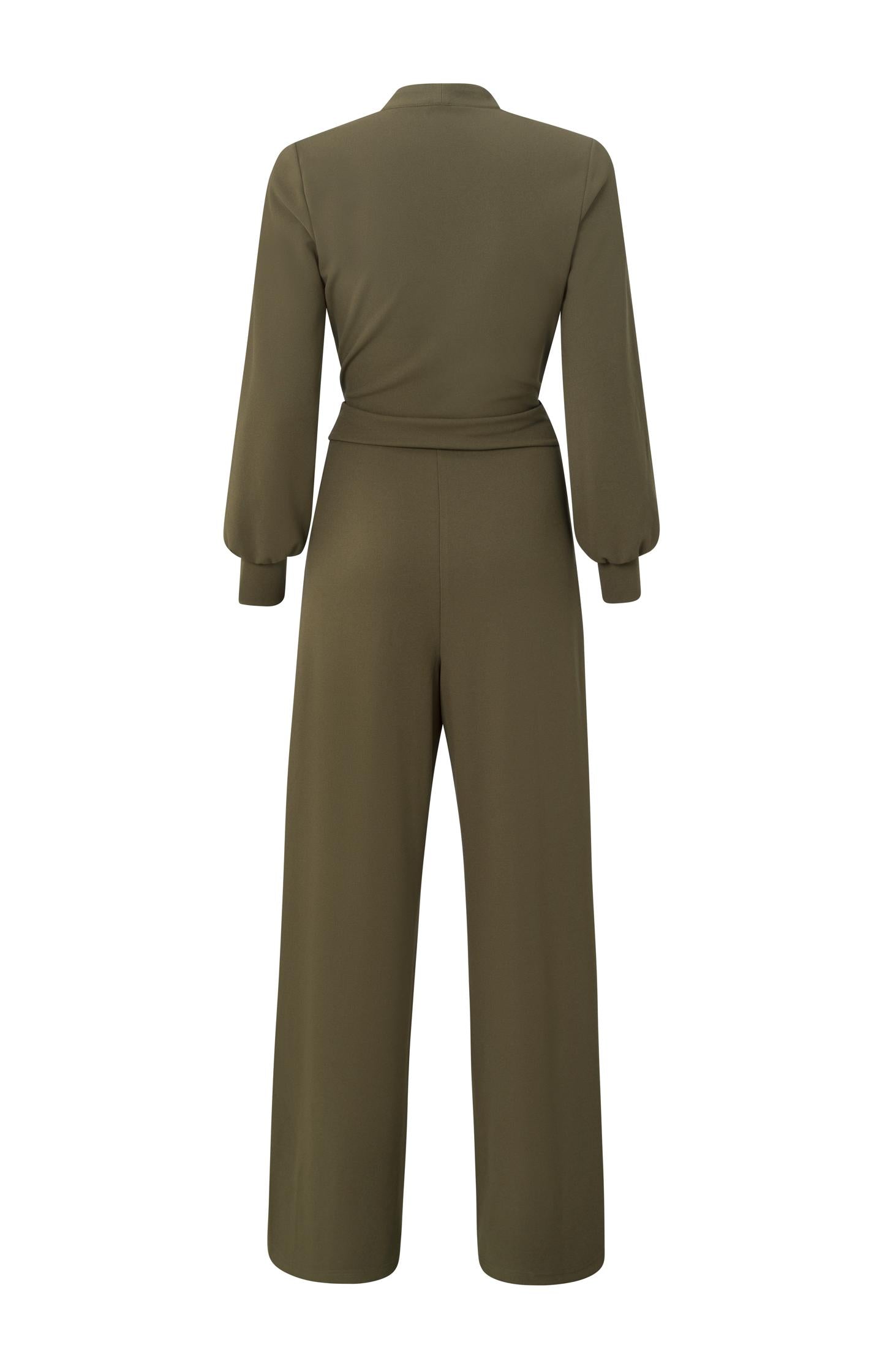 Jersey jumpsuit with a V-neck, a wide leg and a bow