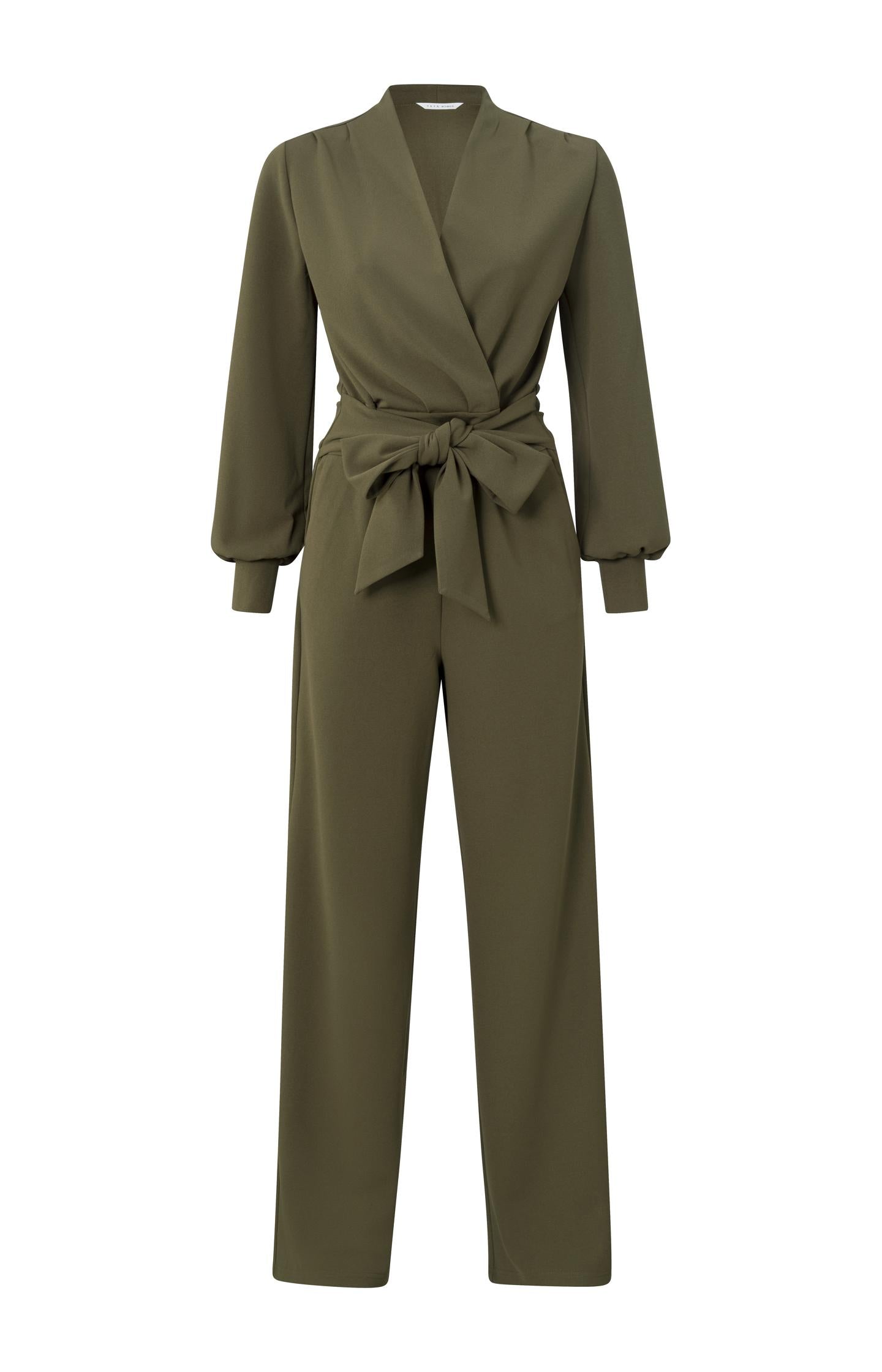 Jersey jumpsuit with a V-neck, a wide leg and a bow - Type: product