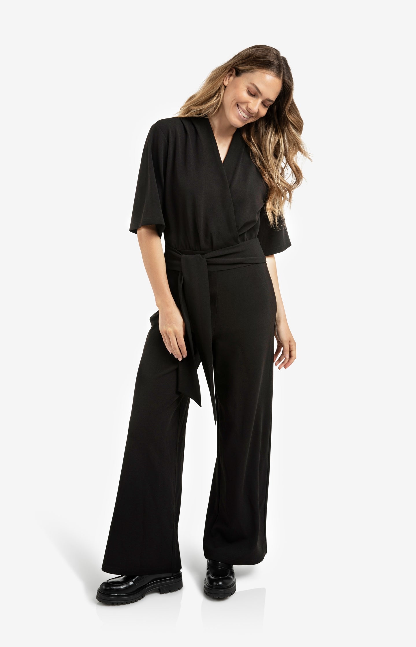 Jersey jumpsuit with short sleeves and tie belt - Type: lookbook