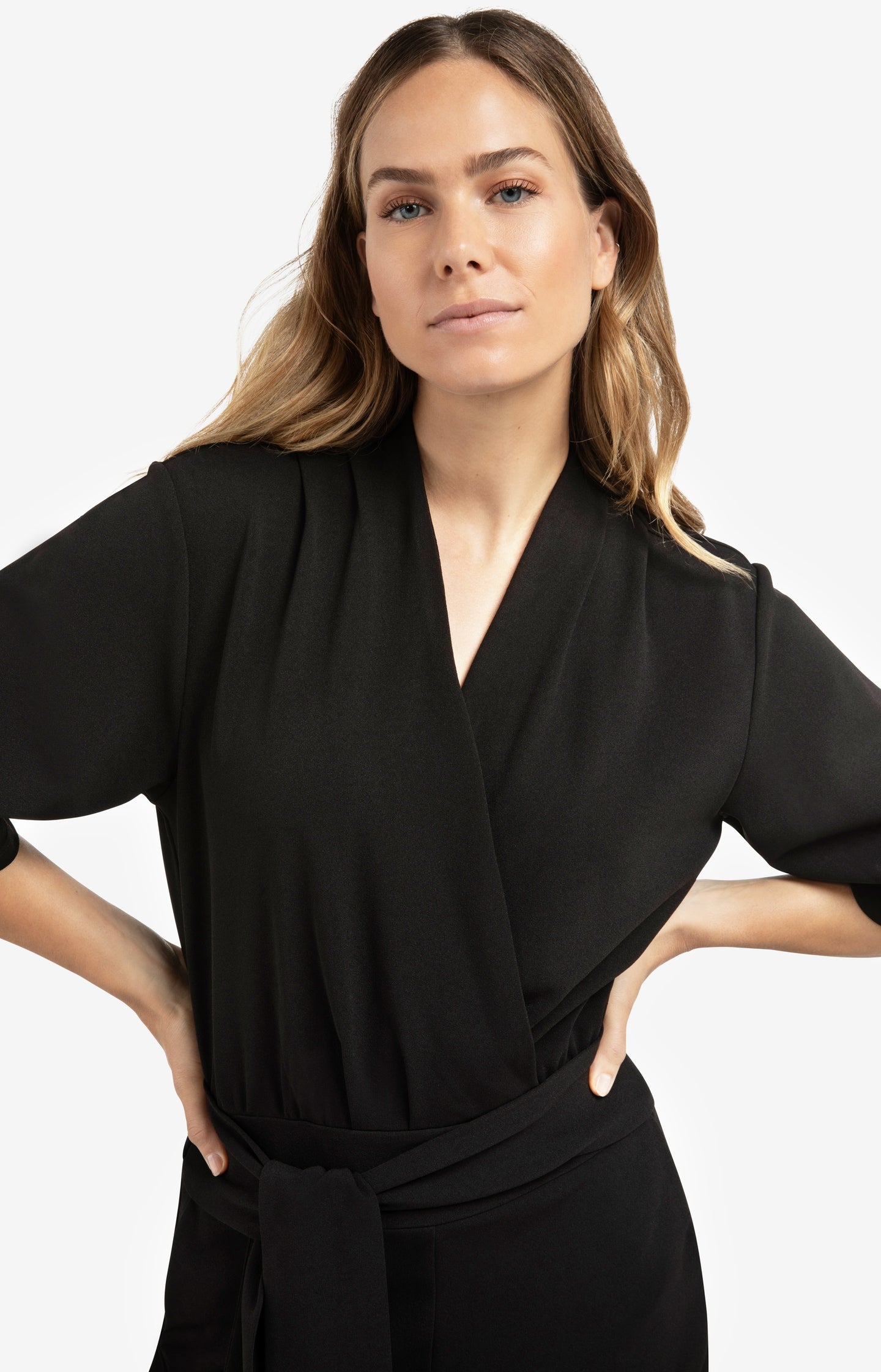 Jersey jumpsuit with short sleeves and tie belt