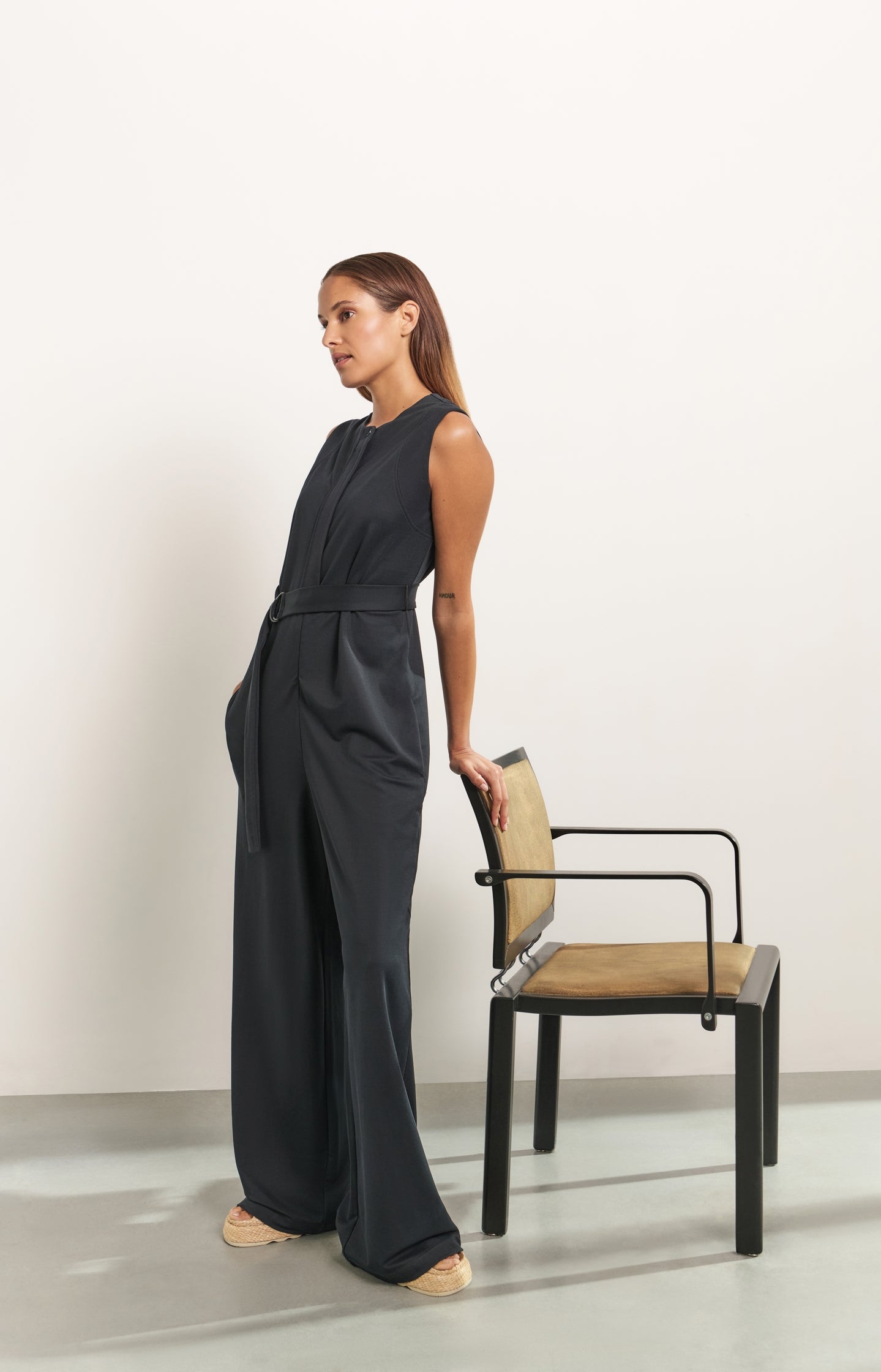 Jersey jumpsuit with tie belt