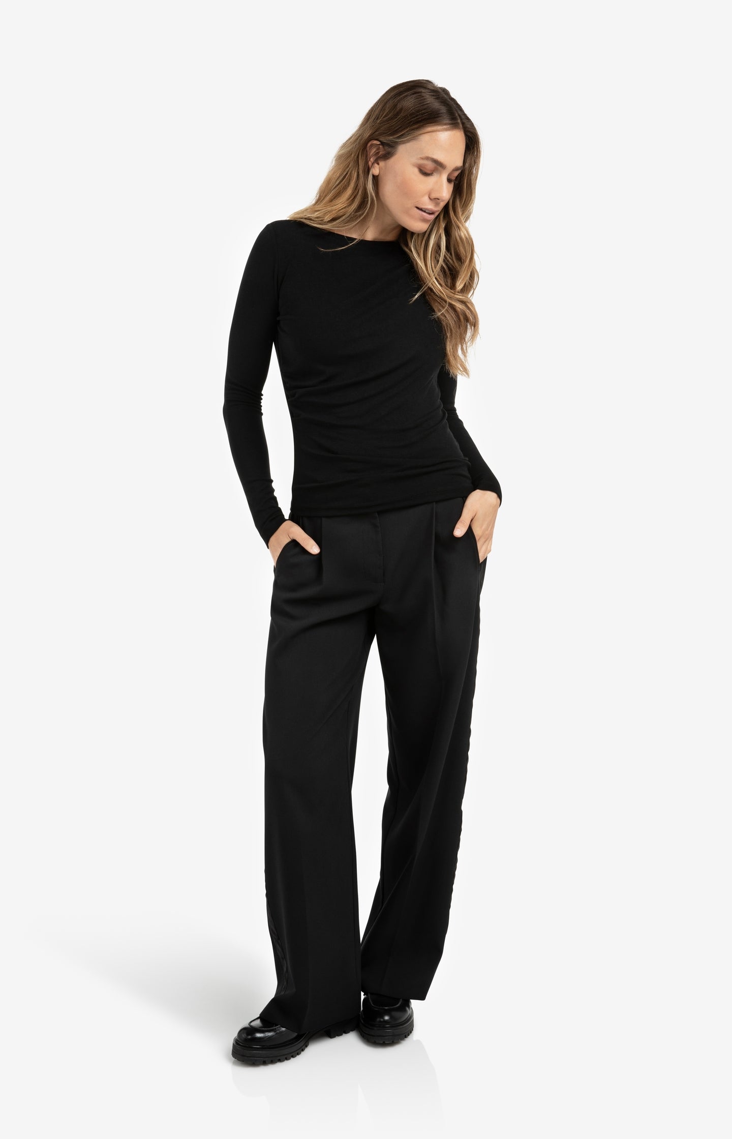 Jersey long sleeve top with pleated neckline