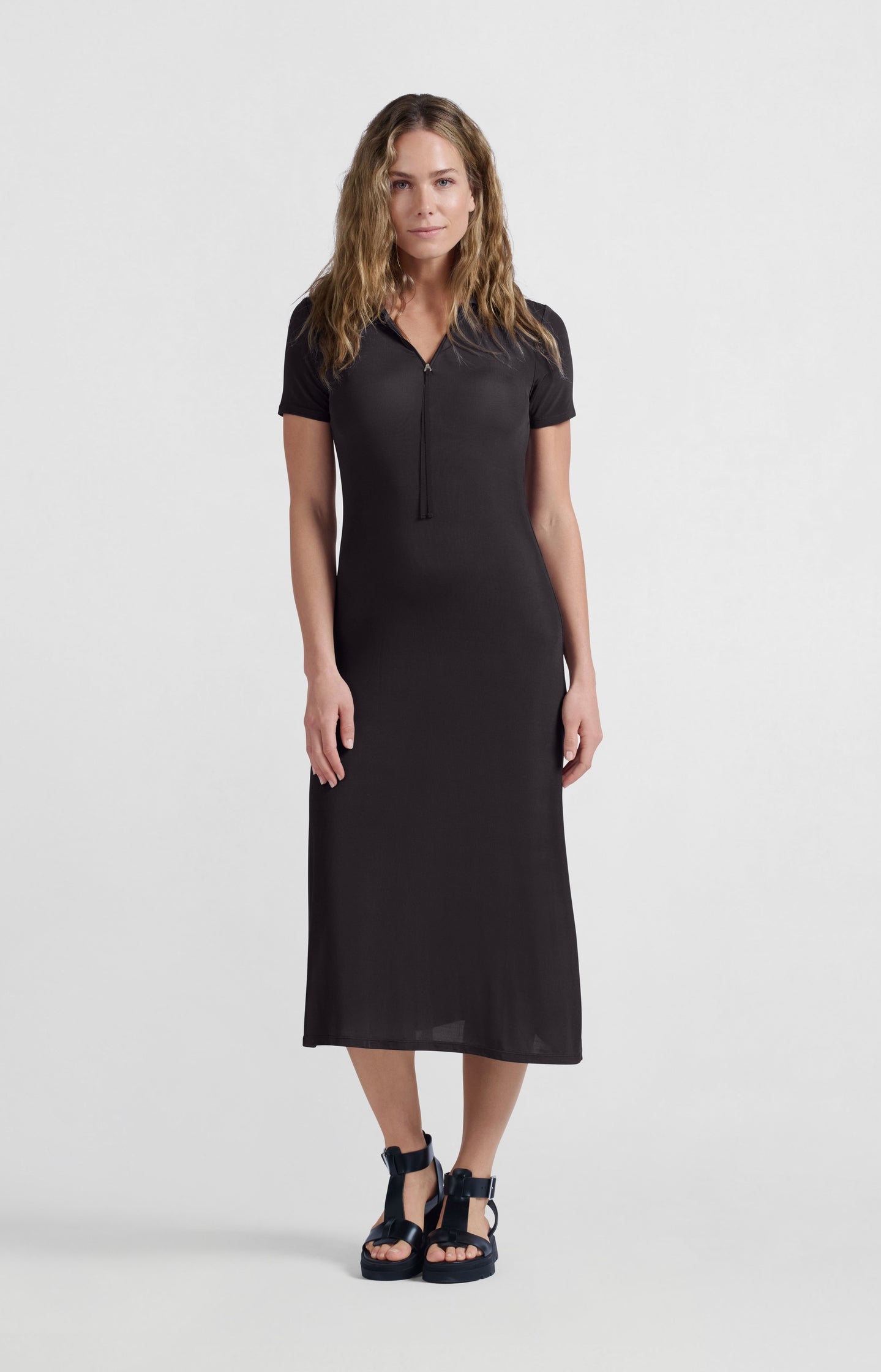 Jersey midi dress with polo collar and zipper