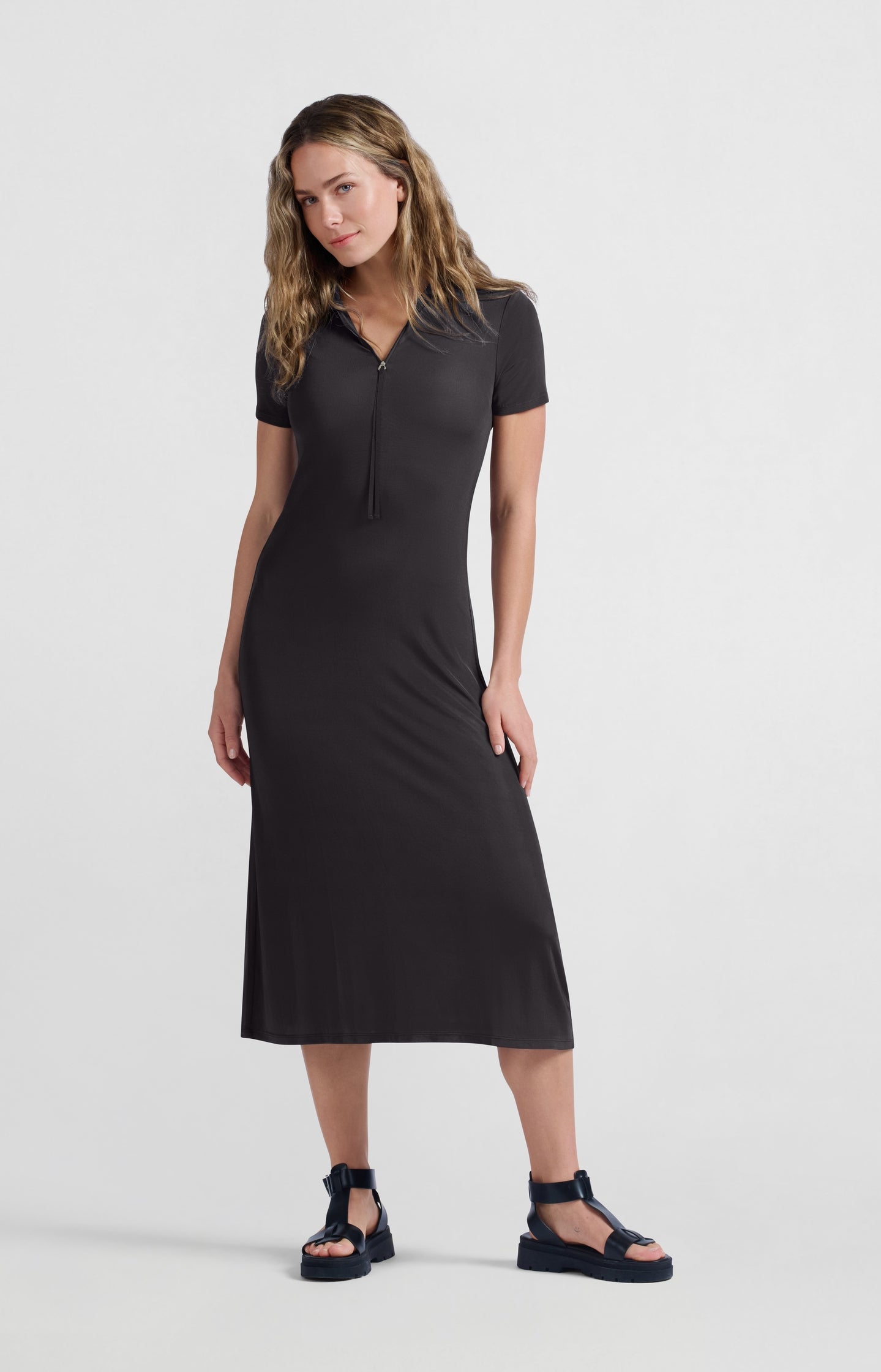 Jersey midi dress with polo collar and zipper