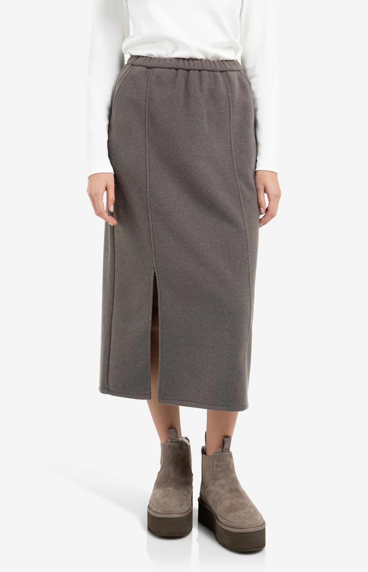 Jersey midi skirt with elastic waistband and front slit