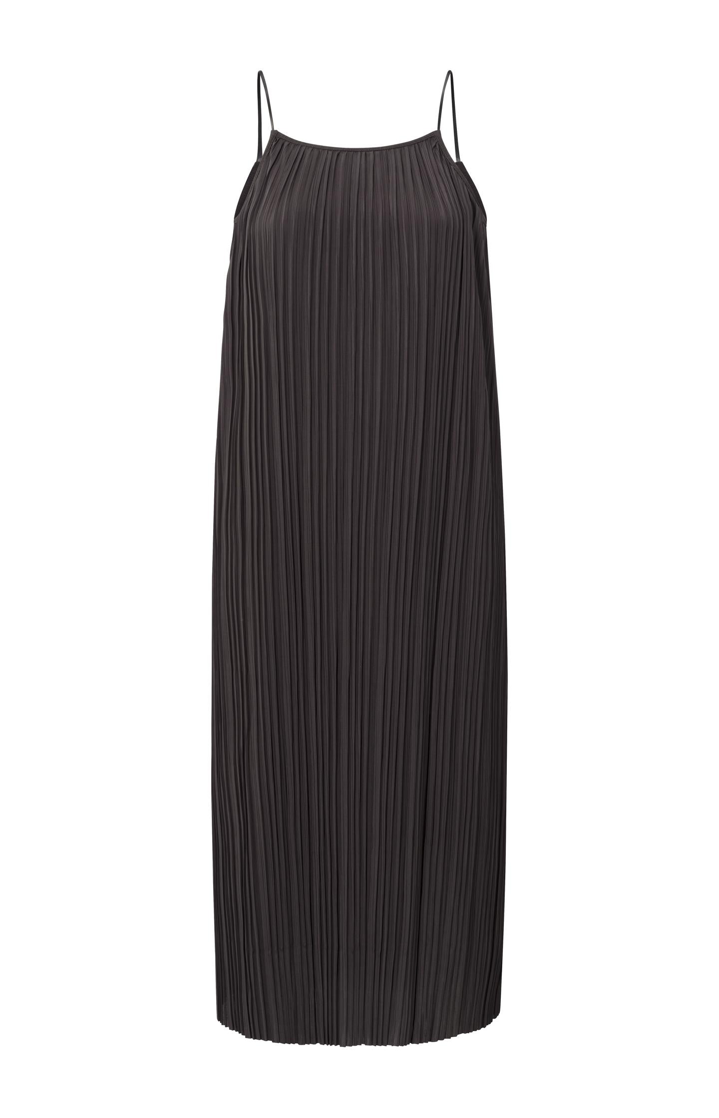 Jersey plisse dress with thin straps in flowy fit - Licorice Black - Type: product