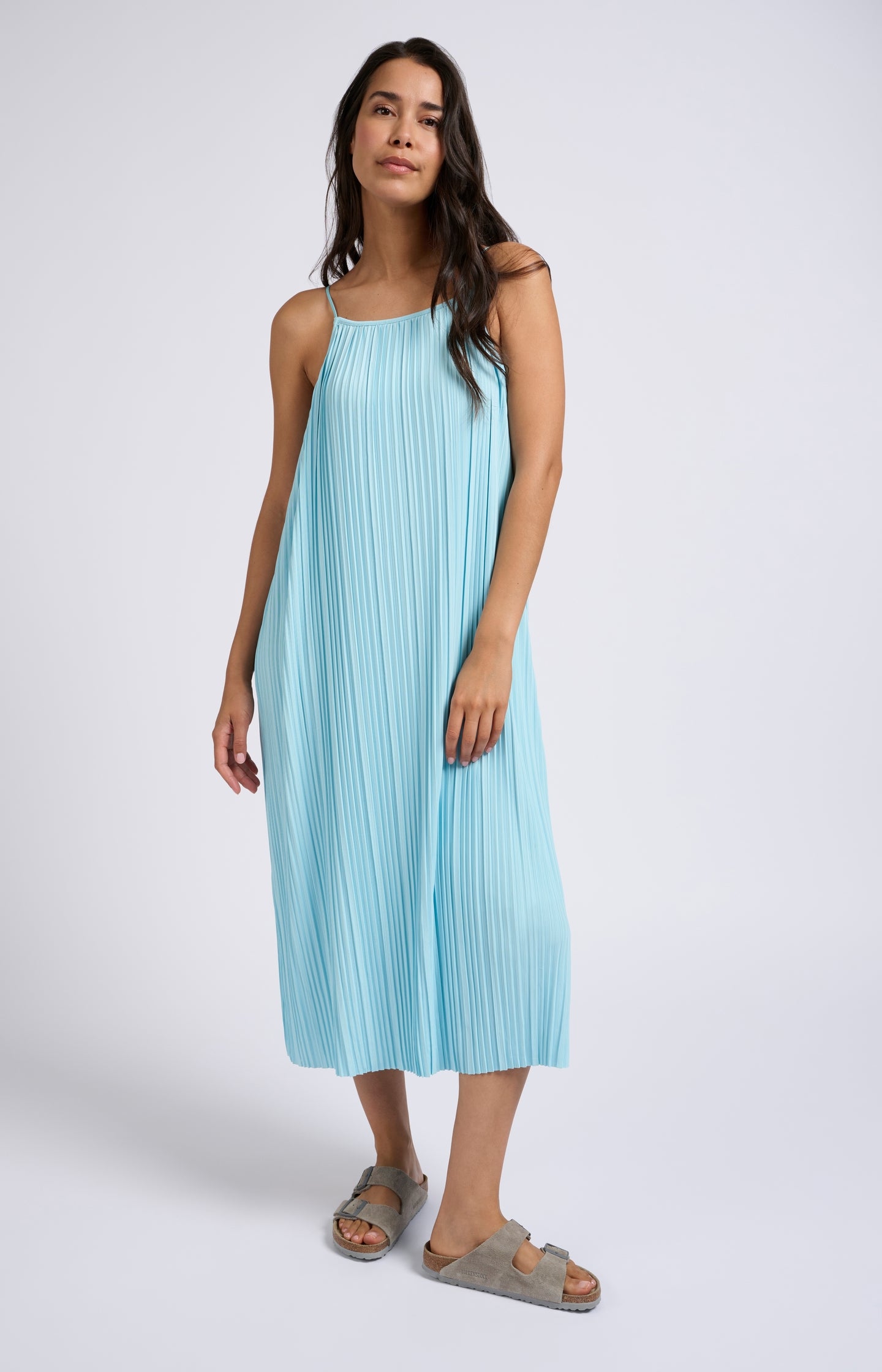 Jersey plisse dress with thin straps in flowy fit - Sea Angel Blue