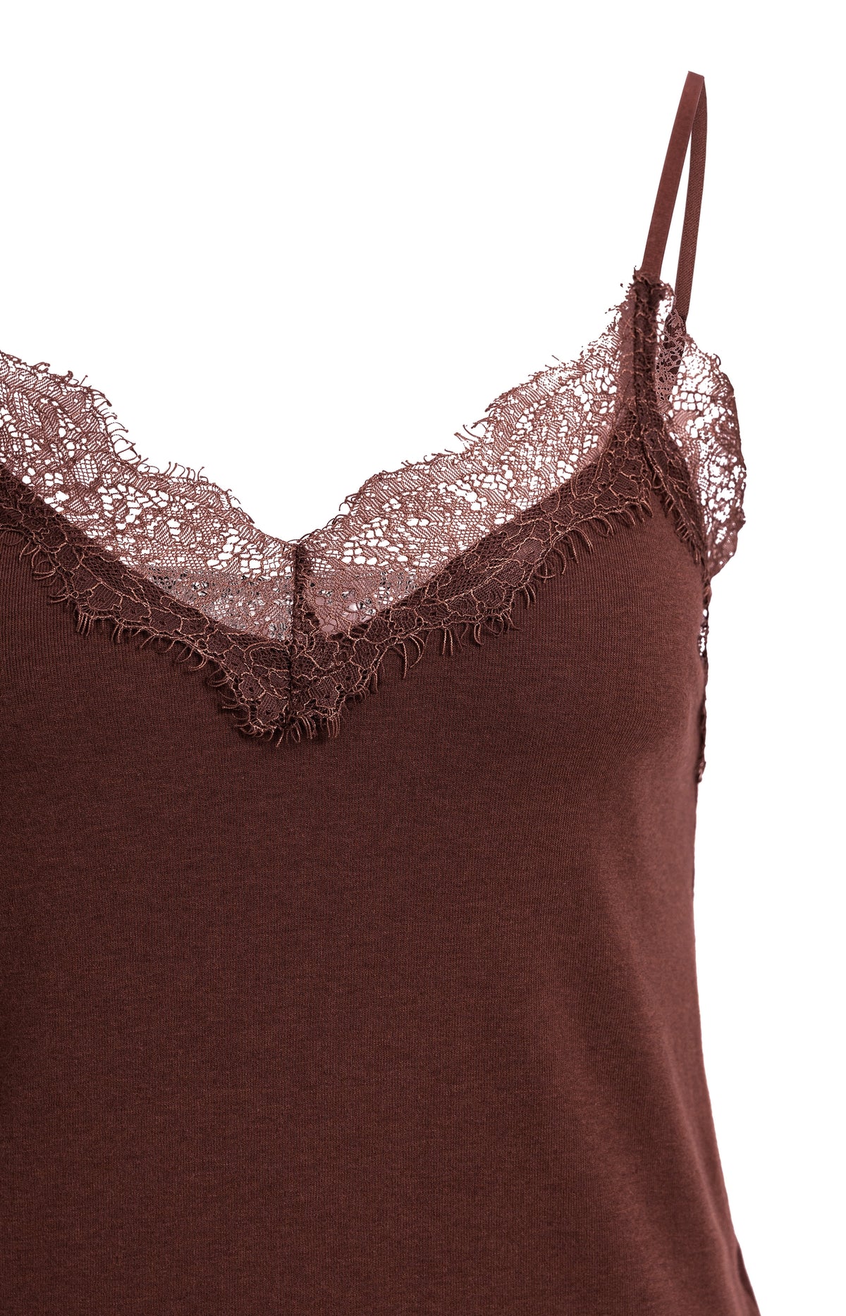 Jersey singlet with V-neck and lace details - Bitter Chocolate Red