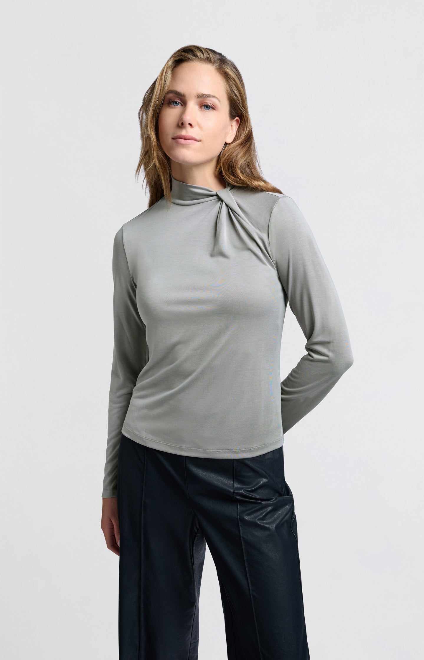 Jersey top with knotted high neck and long sleeves