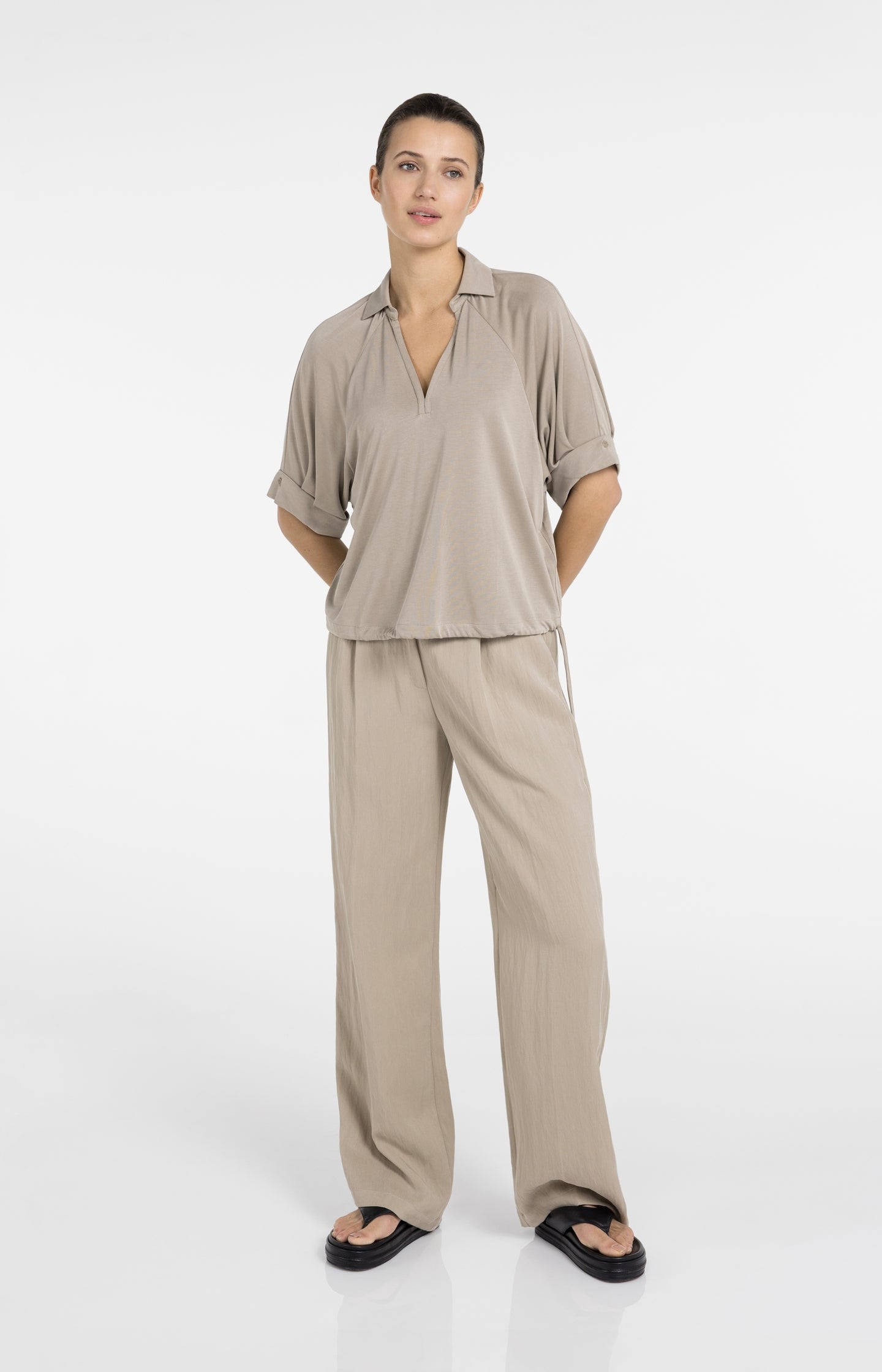 Jersey top with pleated sleeves