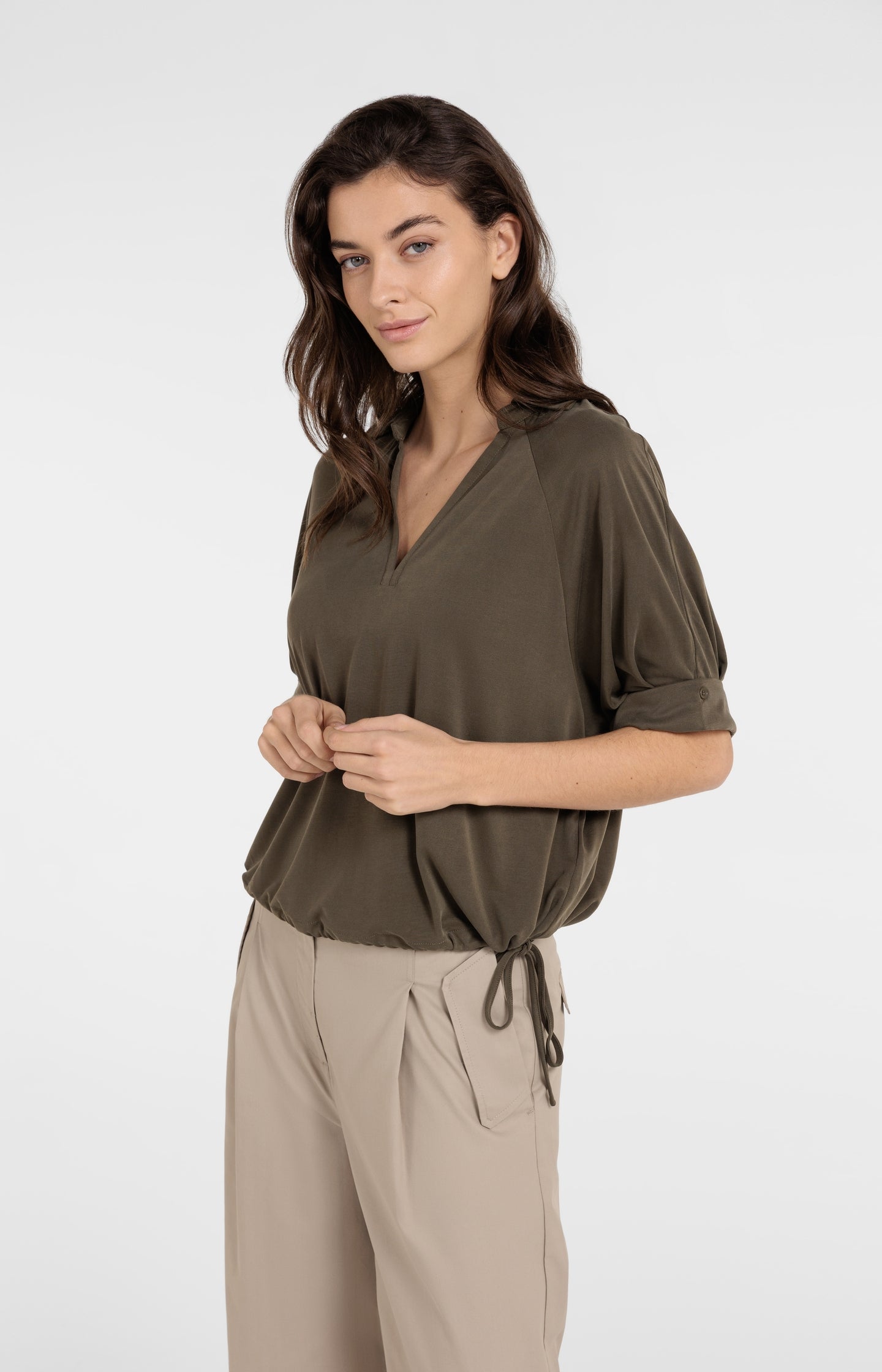 Jersey top with pleated sleeves