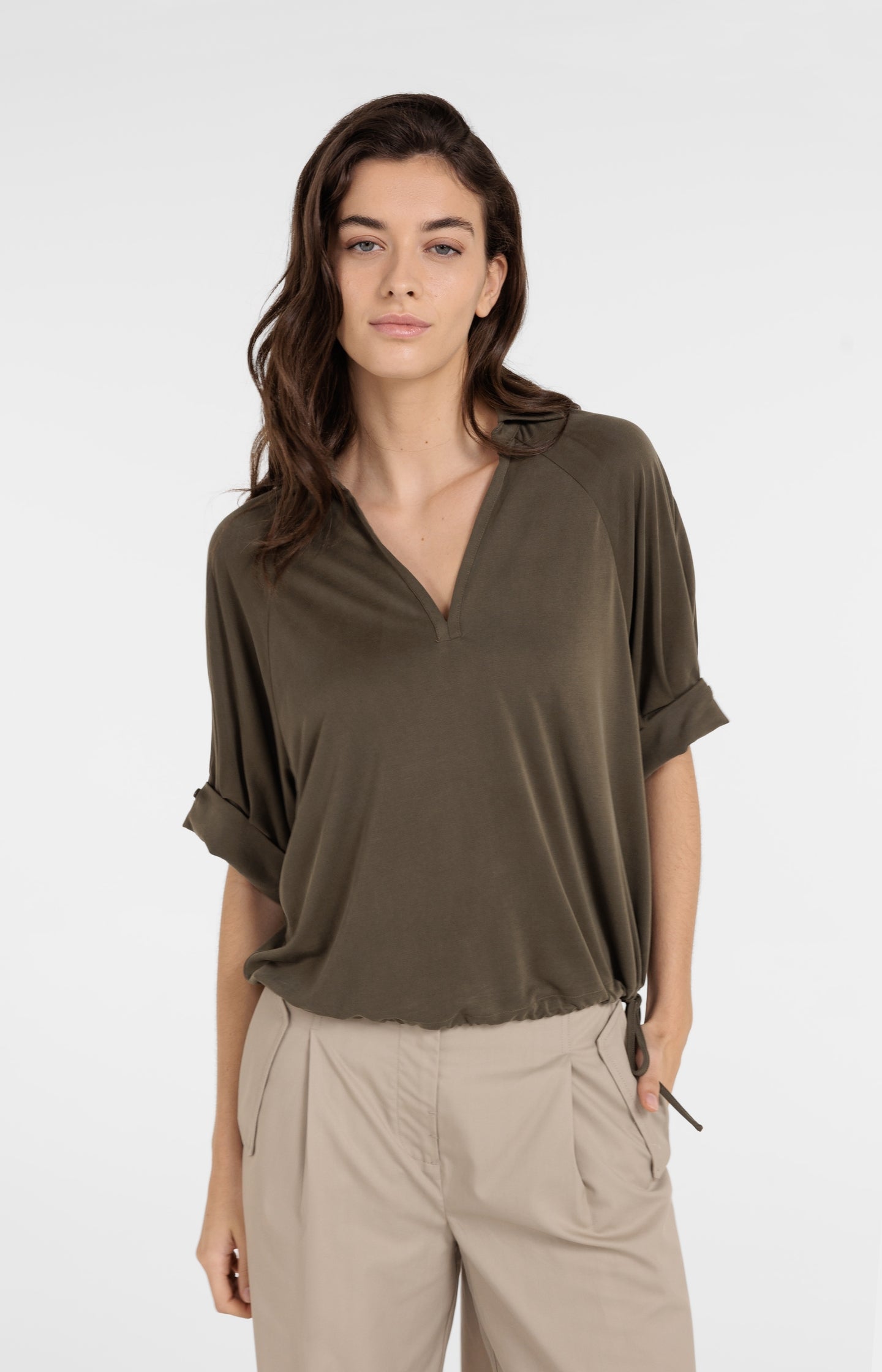 Jersey top with pleated sleeves