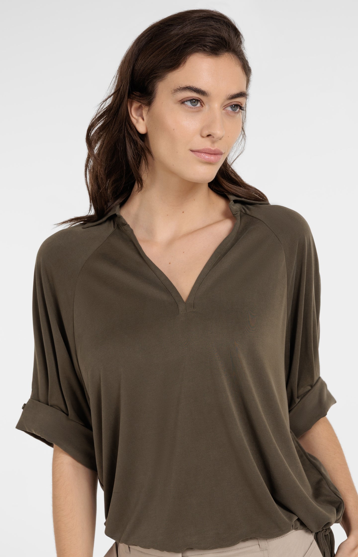 Jersey top with pleated sleeves