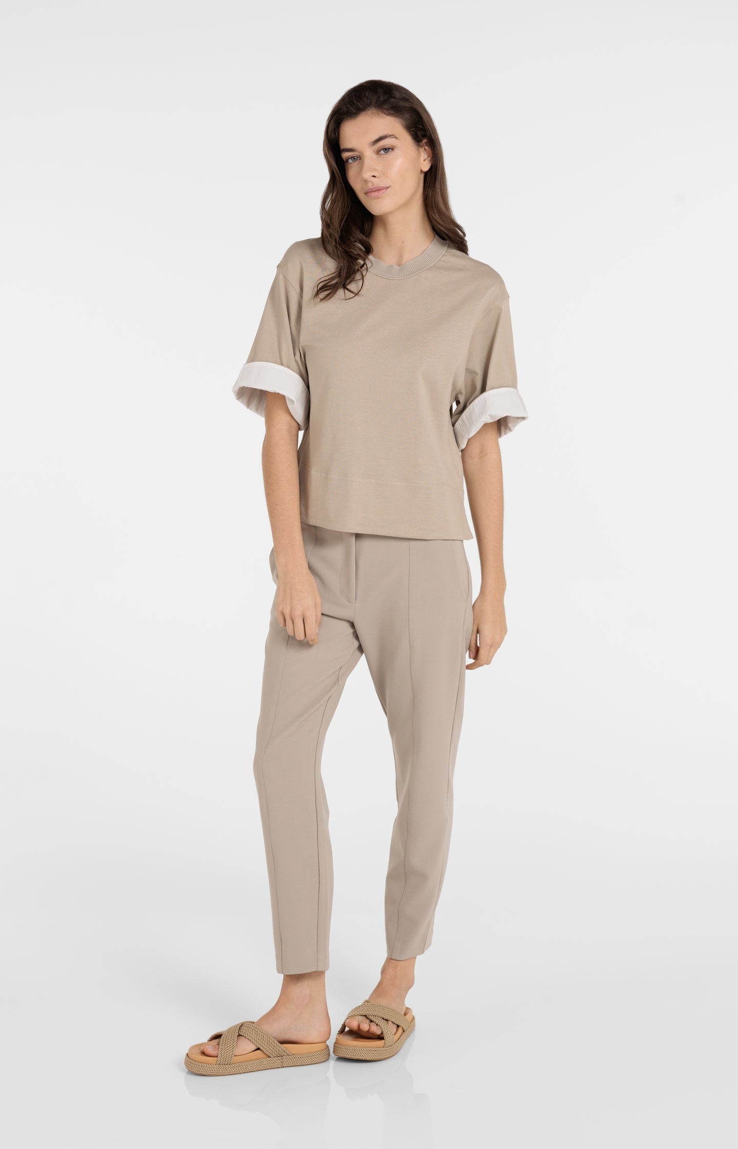 Jersey top with ribbed neckline and woven details - Type: lookbook