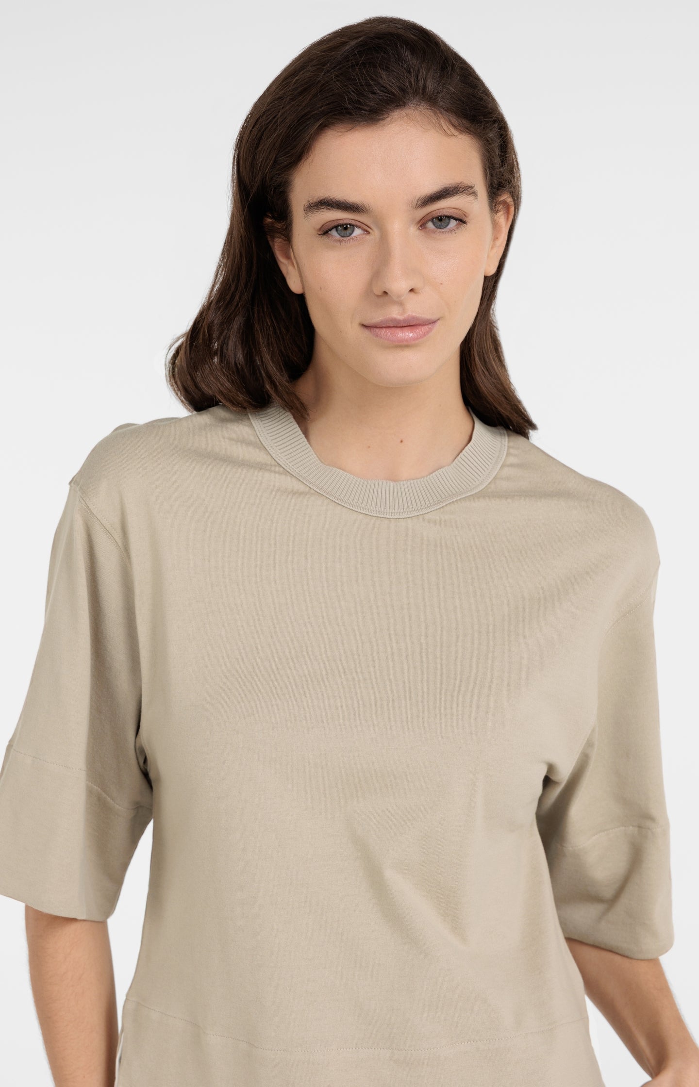 Jersey top with ribbed neckline and woven details