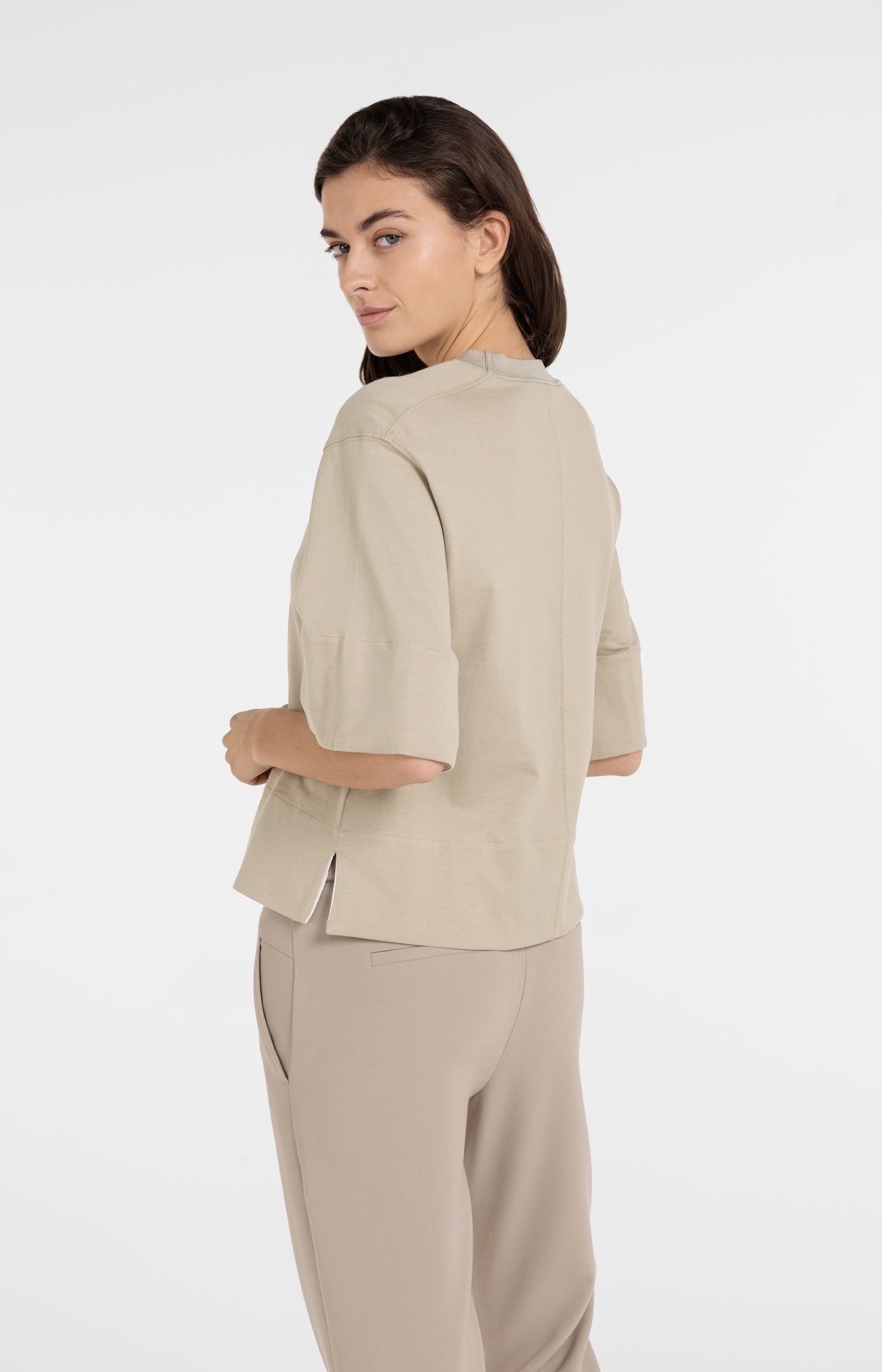 Jersey top with ribbed neckline and woven details