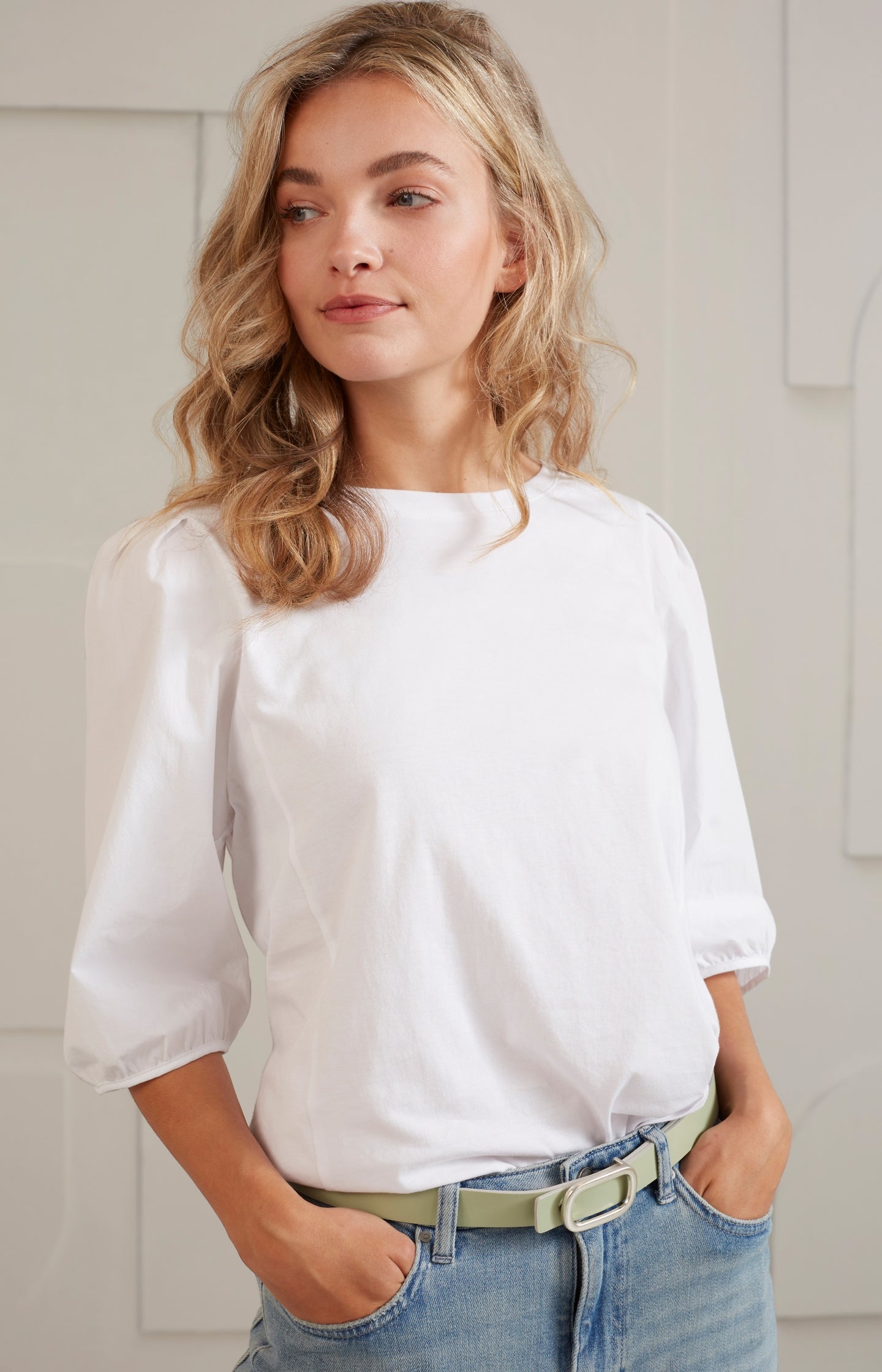 Jersey top with round neck and woven half long sleeves