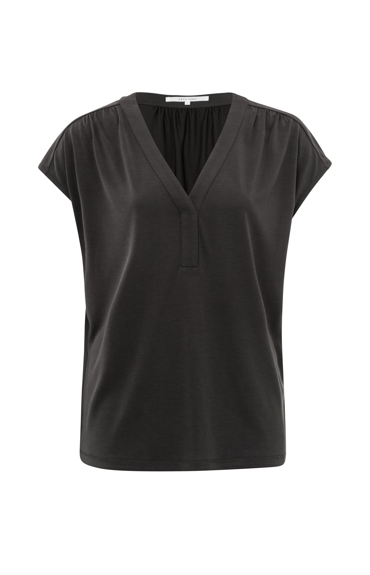 Jersey top with V-neck and pleated details in a supple fit - Licorice Black - Type: product