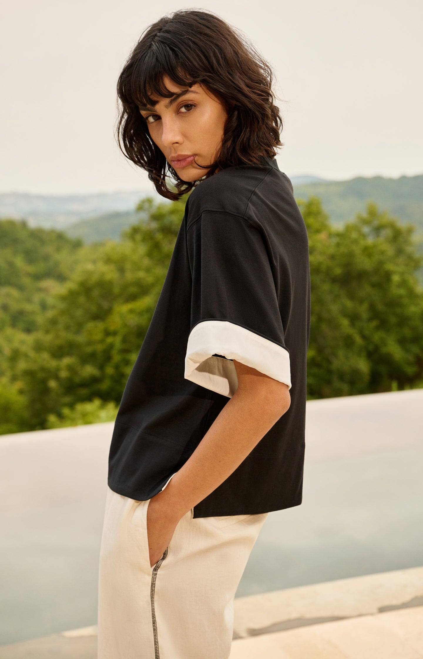 Jersey top with woven details and short sleeves