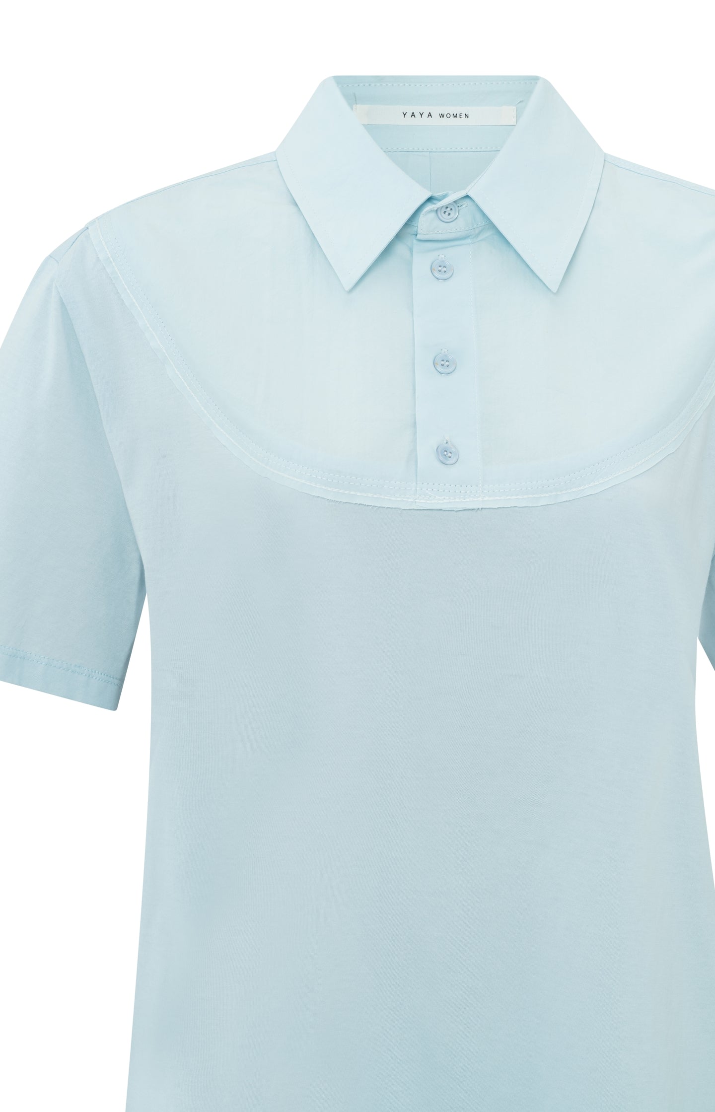 Jersey top with woven shirt collar, short sleeves and button