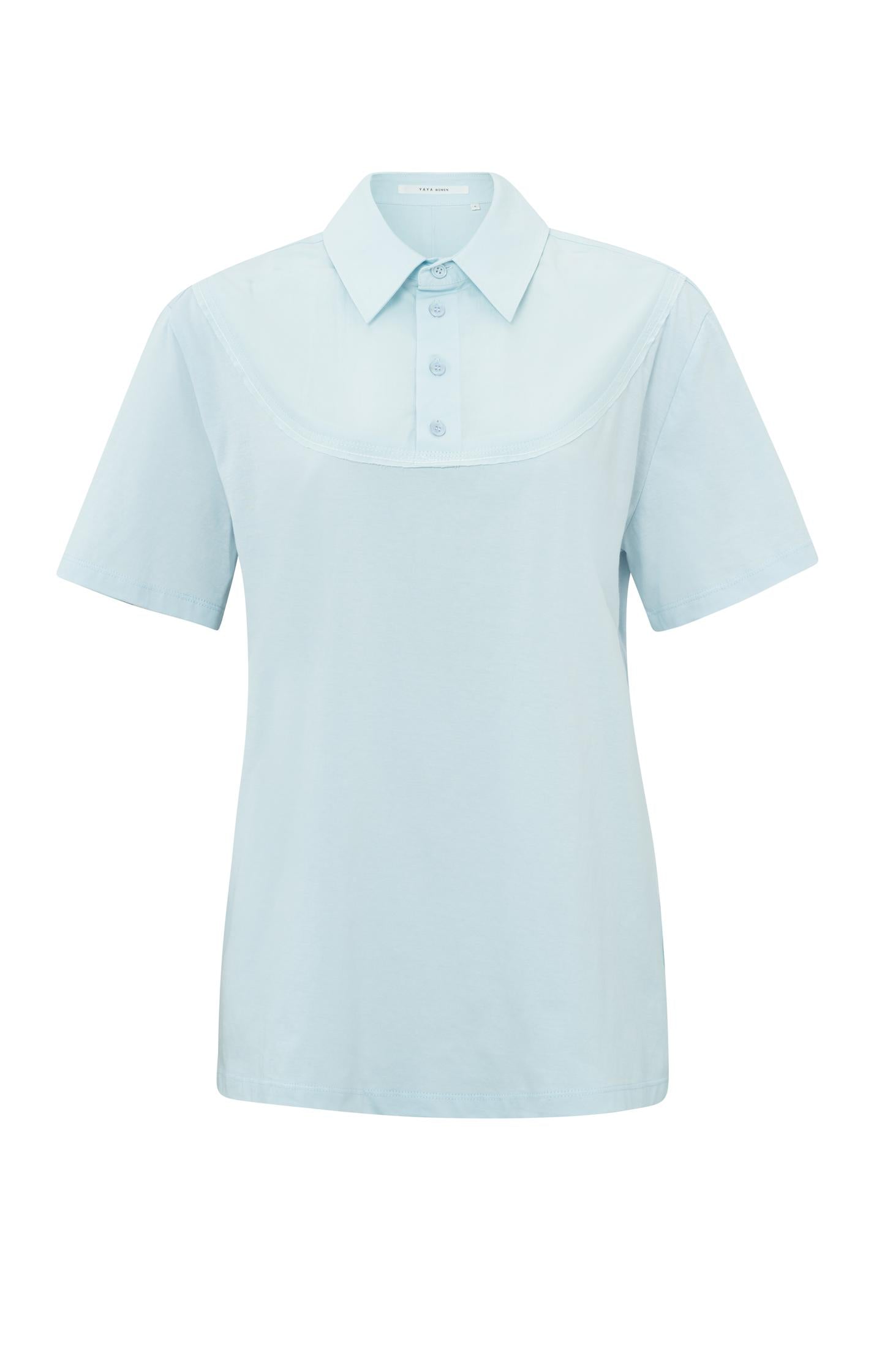 Jersey top with woven shirt collar, short sleeves and button - Type: product