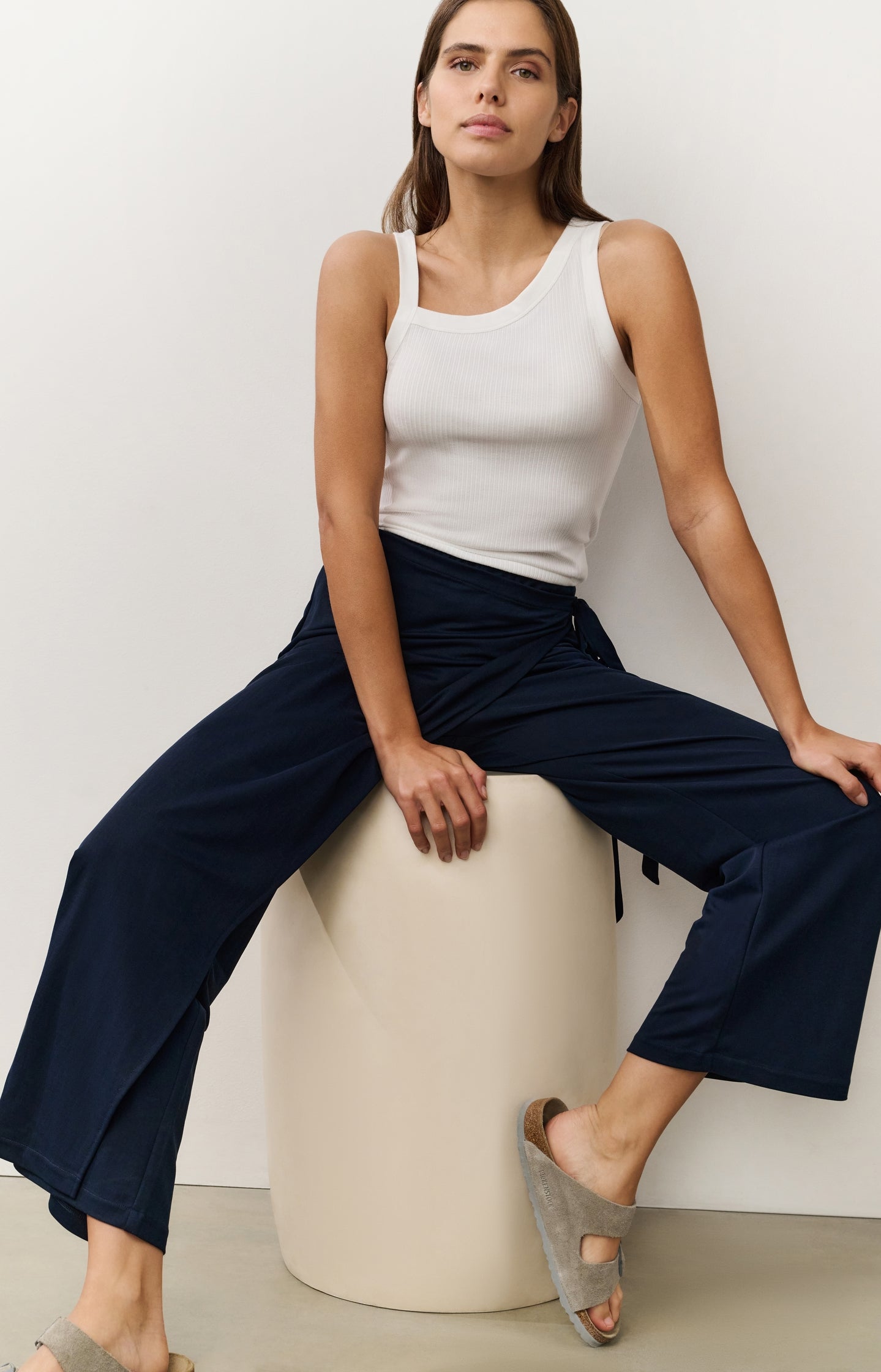 Jersey trousers with a wrap skirt effect and wide legs