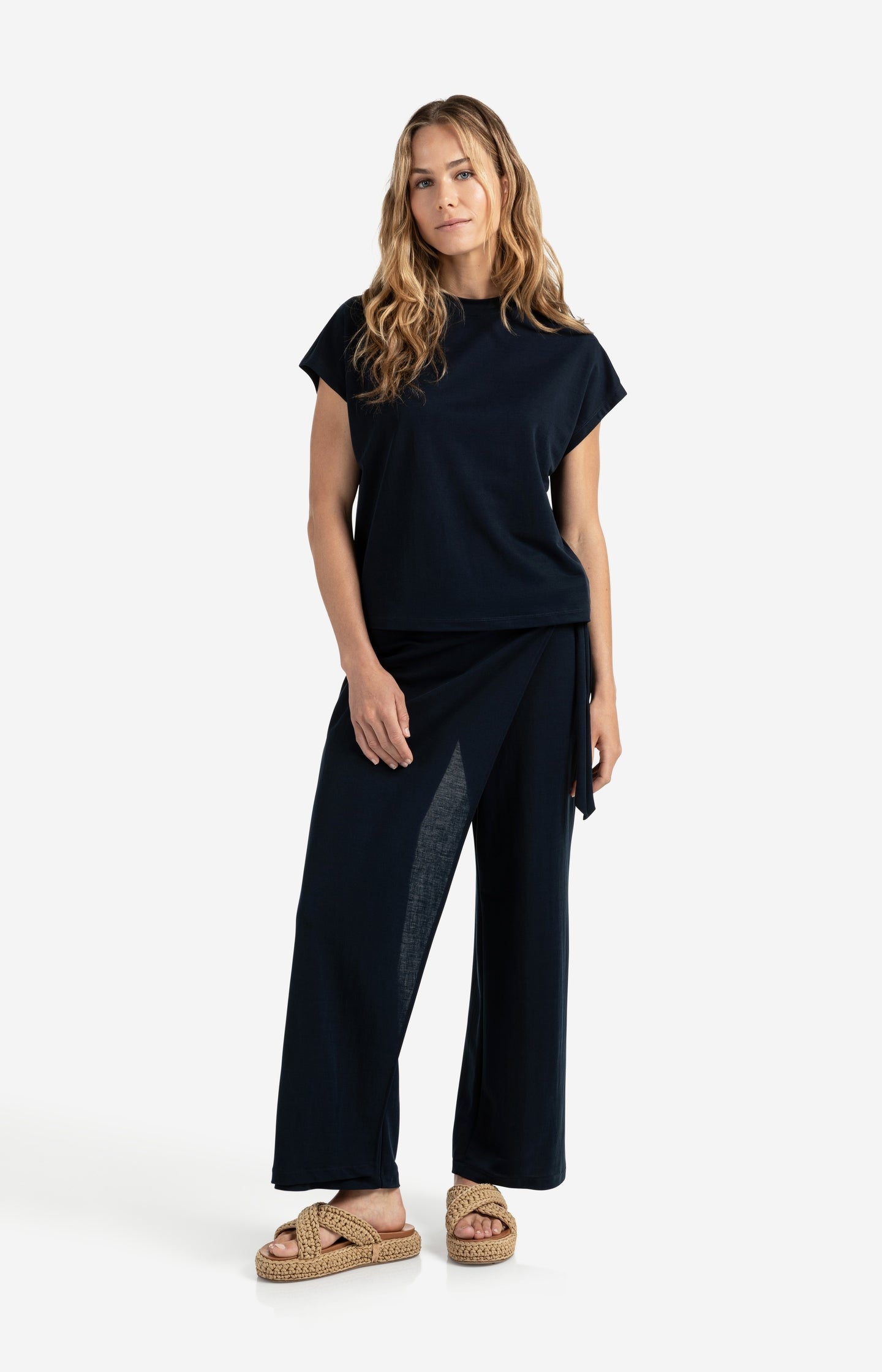 Jersey trousers with a wrap skirt effect and wide legs