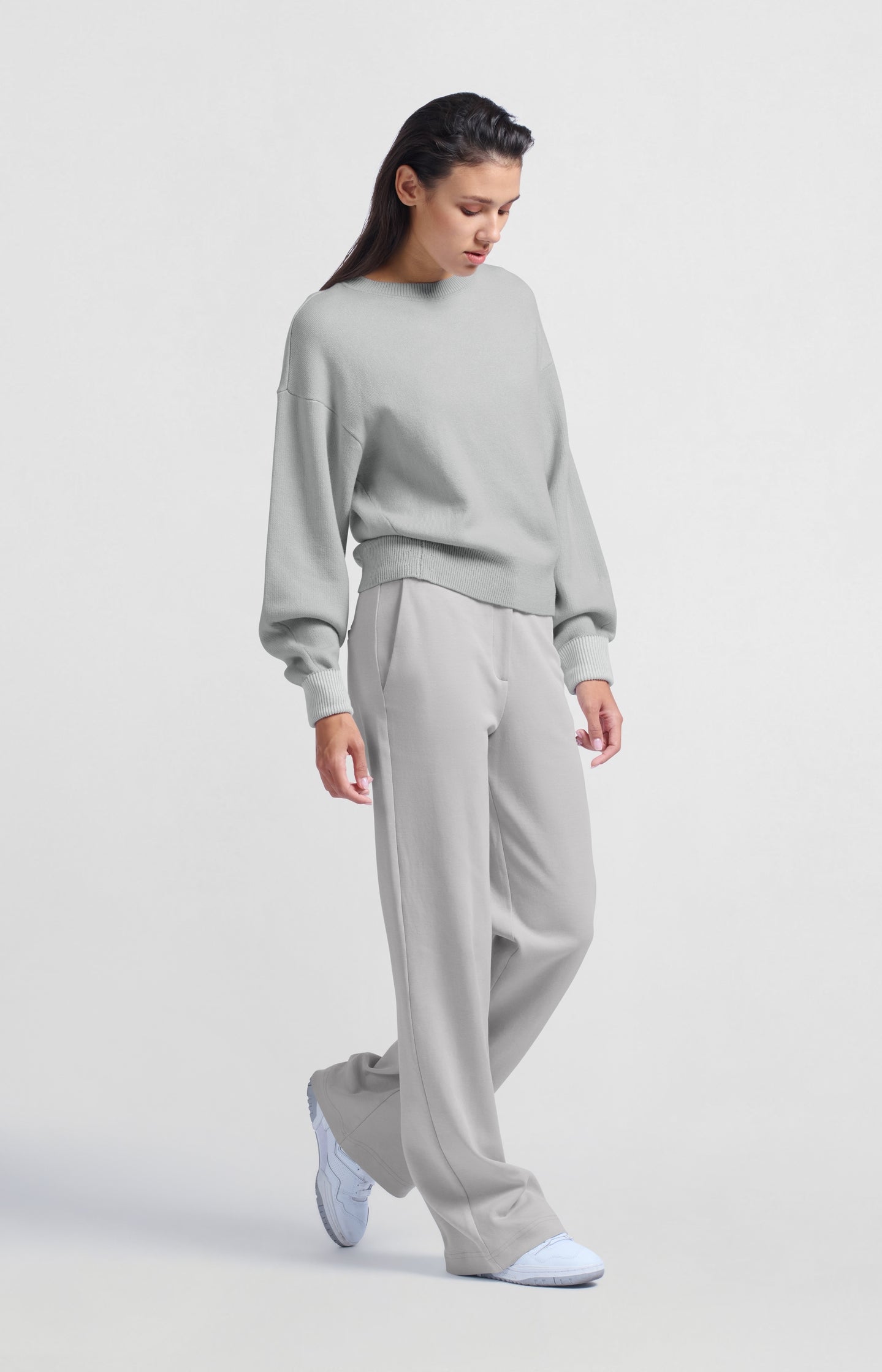 Jersey trousers with wide legs and contrasting waistband