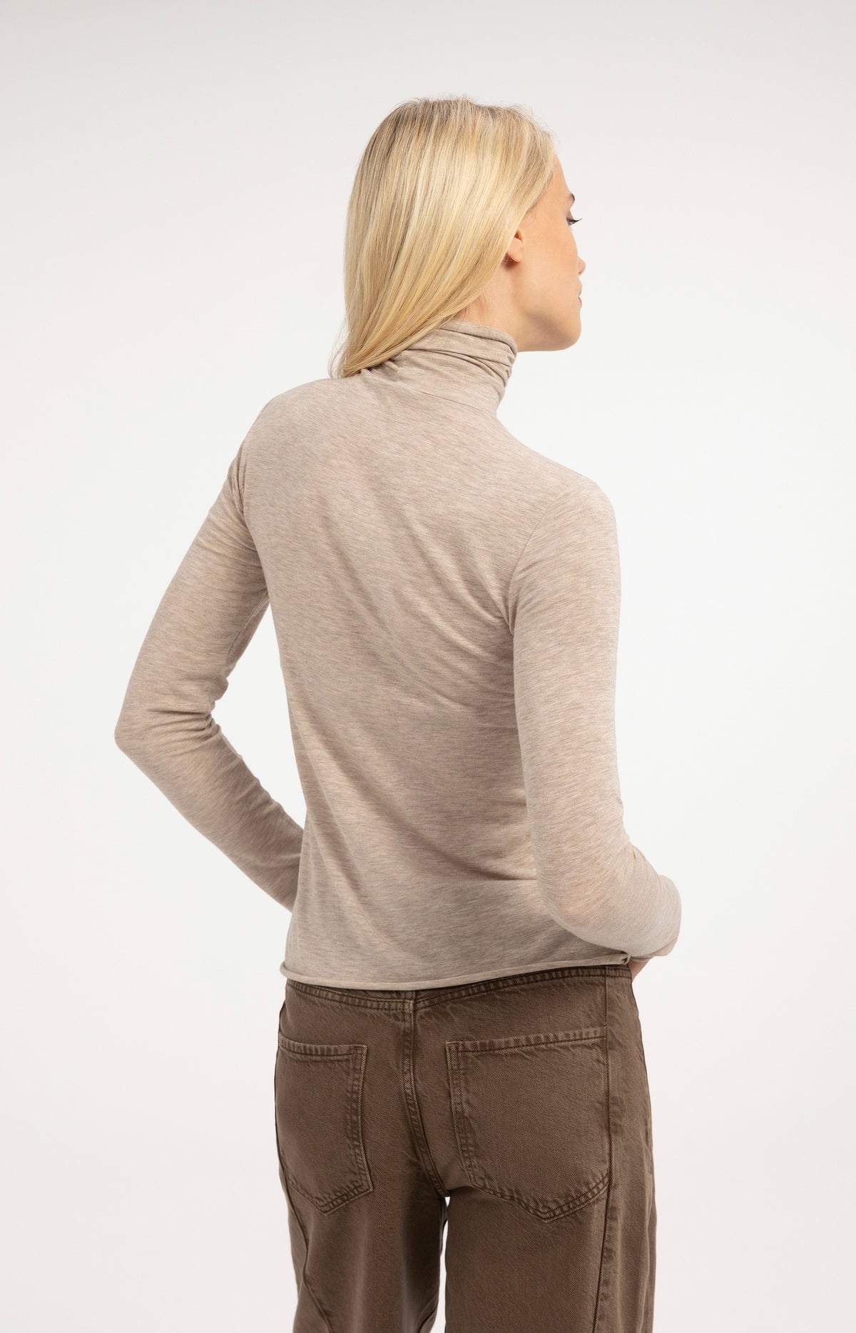 Jersey turtleneck top with long sleeves - Beige Melange