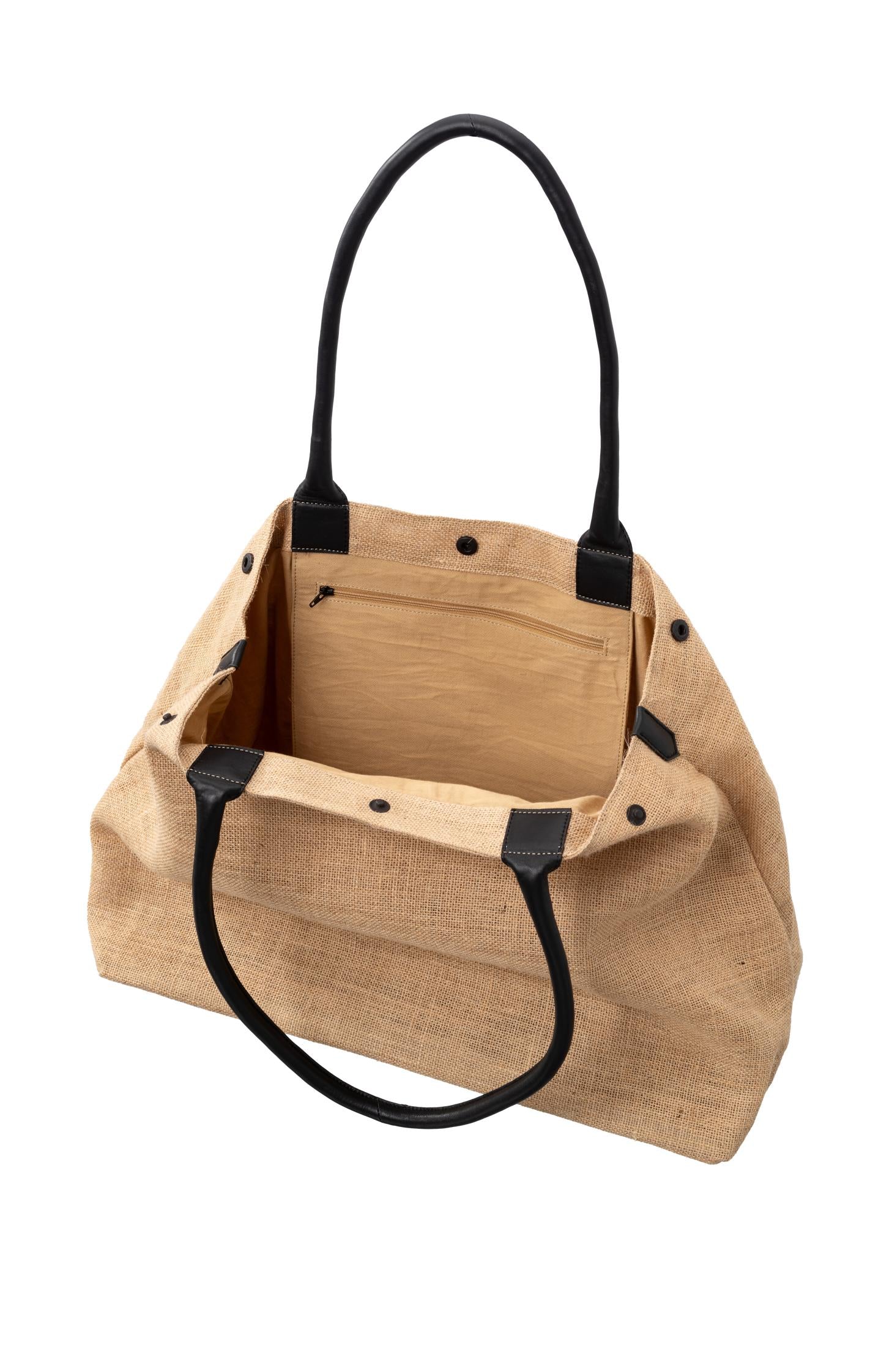 Jute tote bag with handle and button