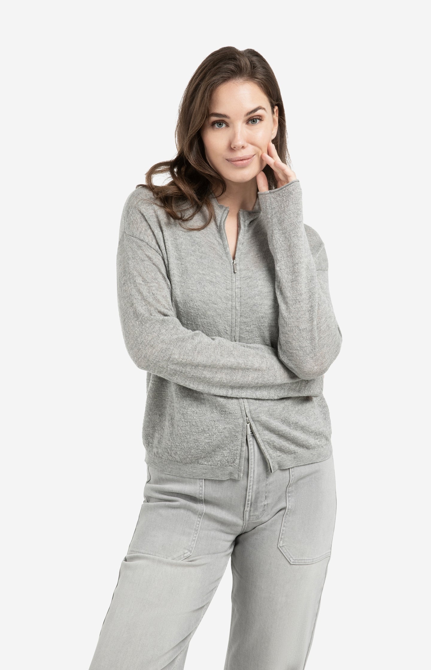 Knitted cardigan with high neck and zipper