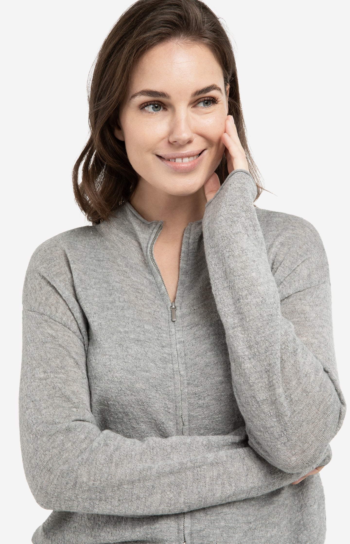 Knitted cardigan with high neck and zipper