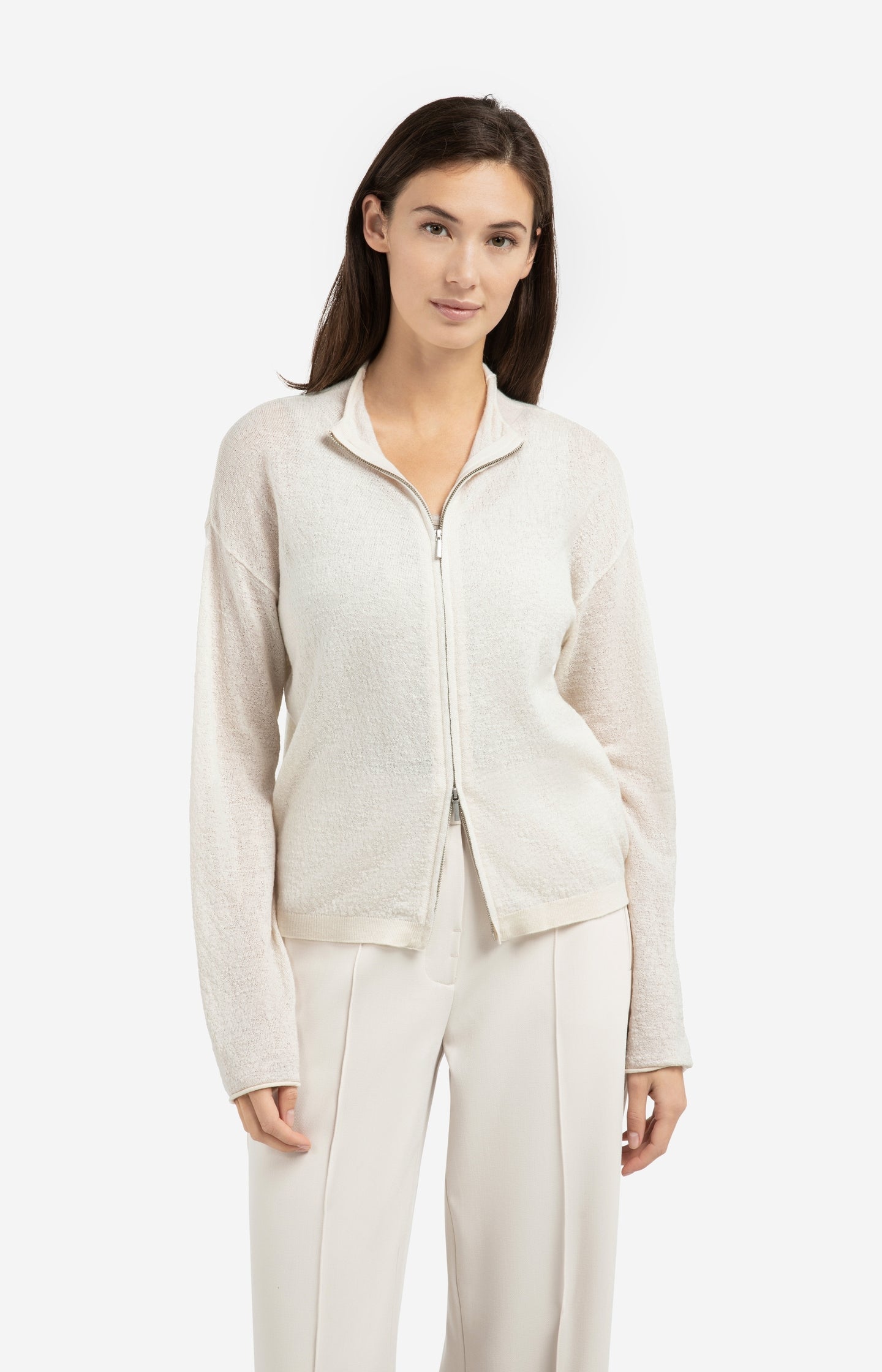 Knitted cardigan with high neck and zipper