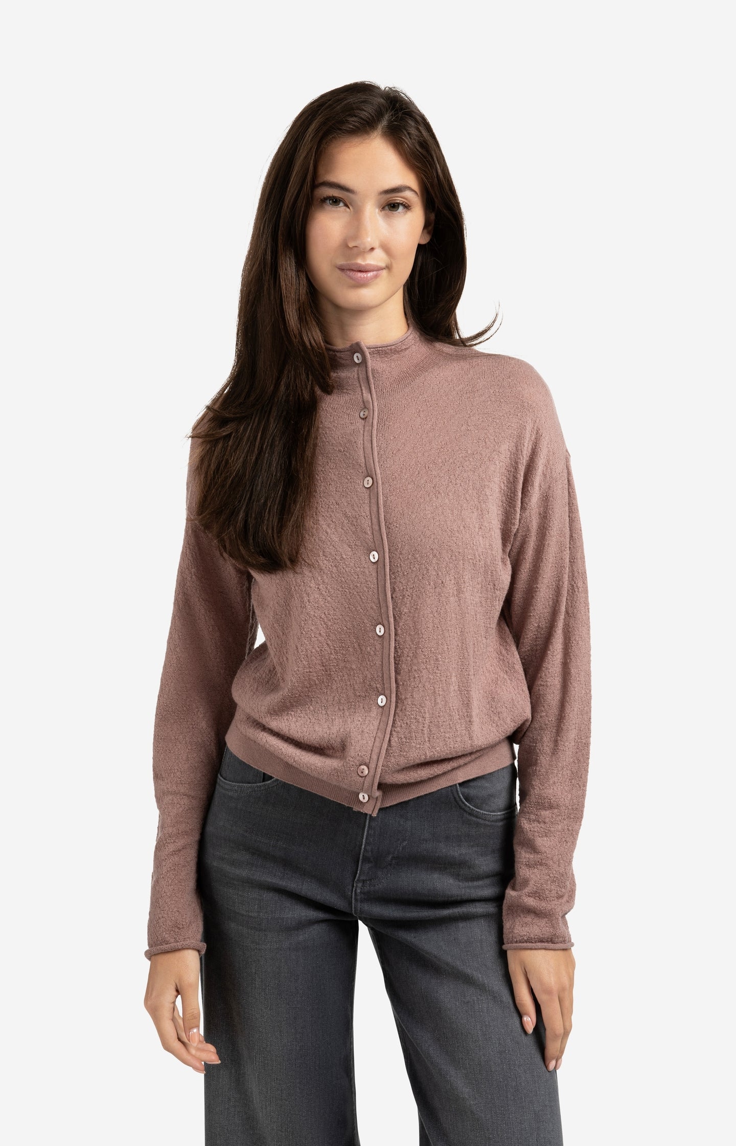 Knitted cardigan with high neckline and button closure