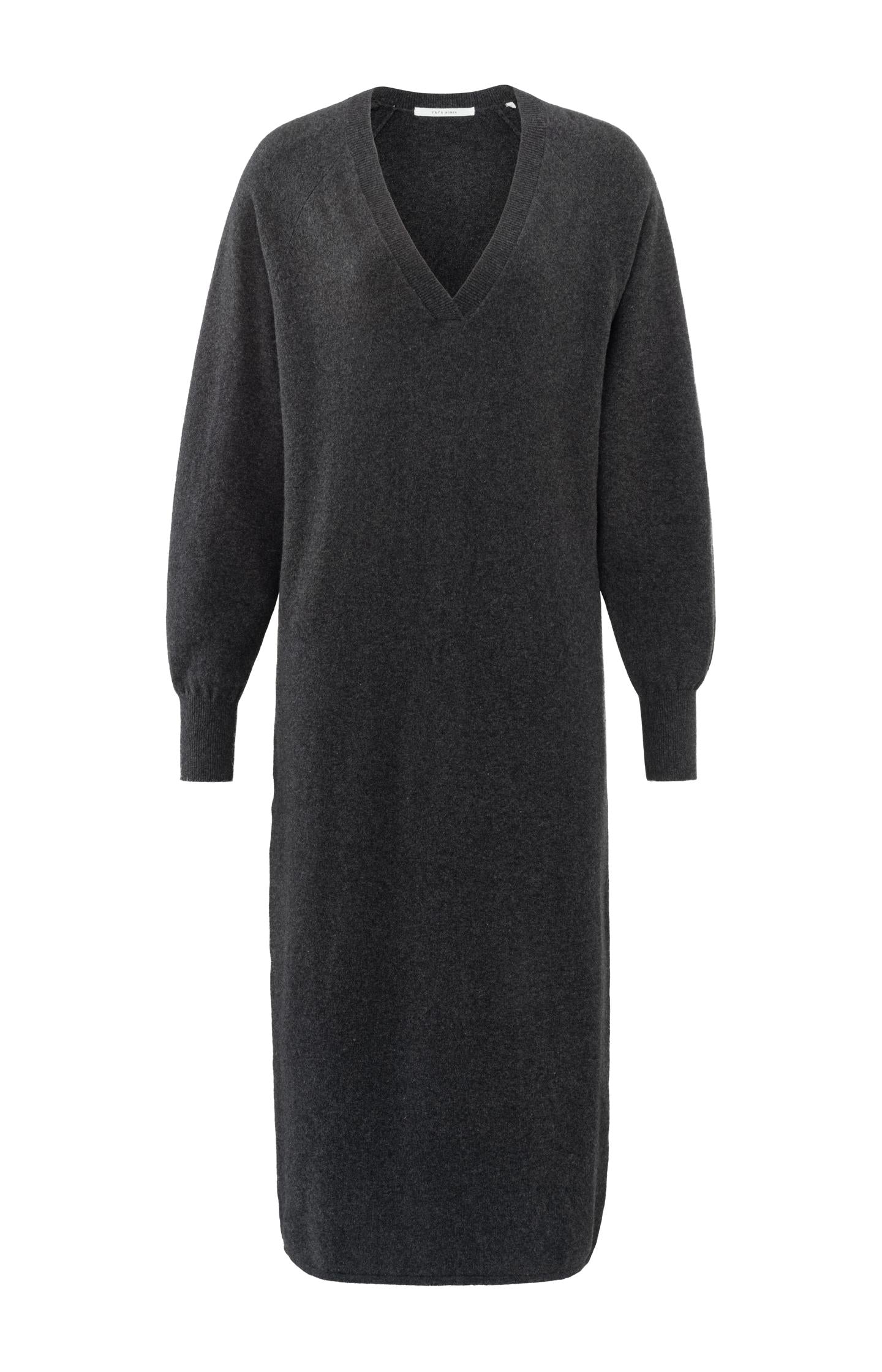 Knitted dark gray dress with V-neck and long sleeves - Type: product