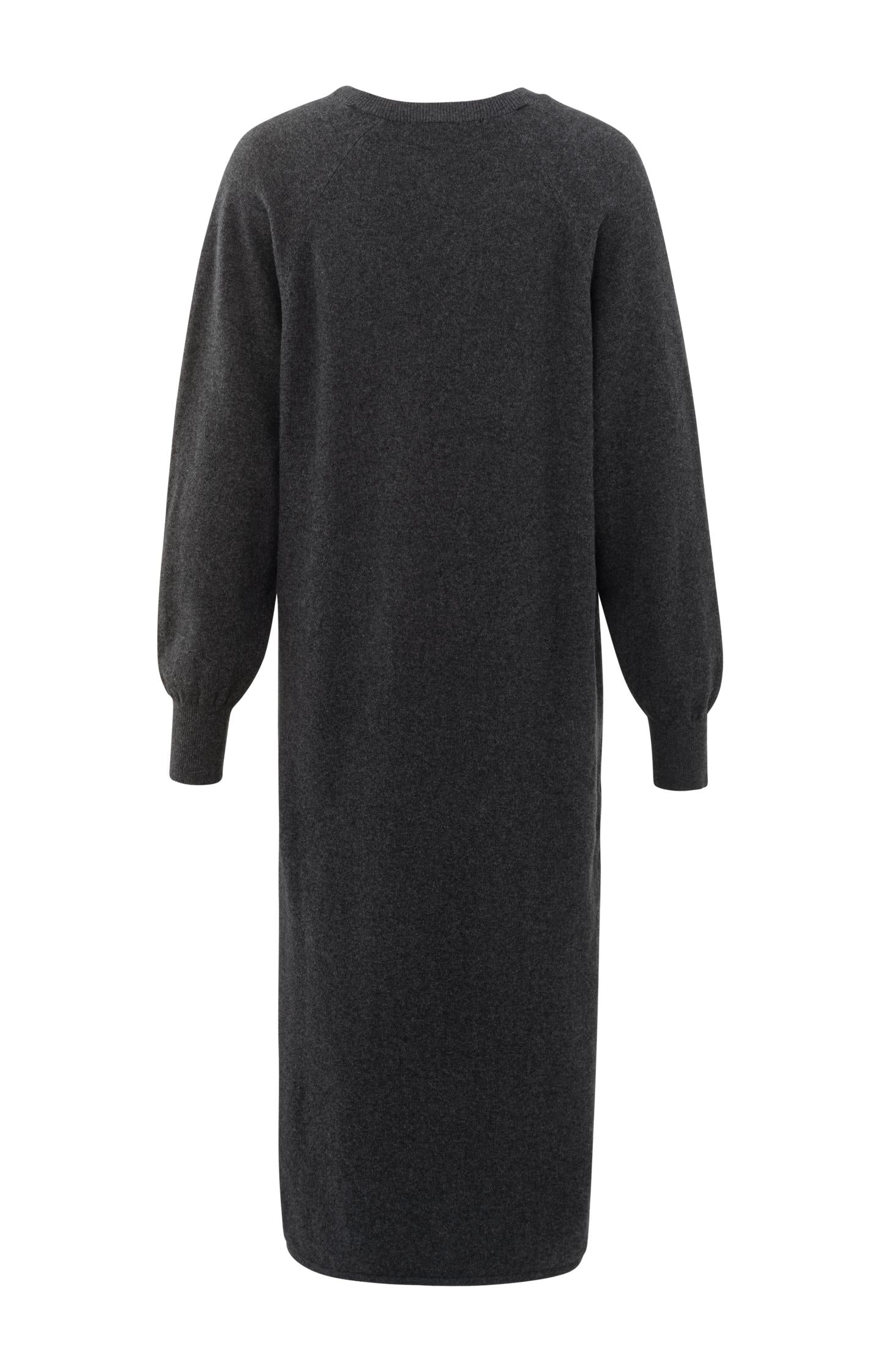 Knitted dark gray dress with V-neck and long sleeves