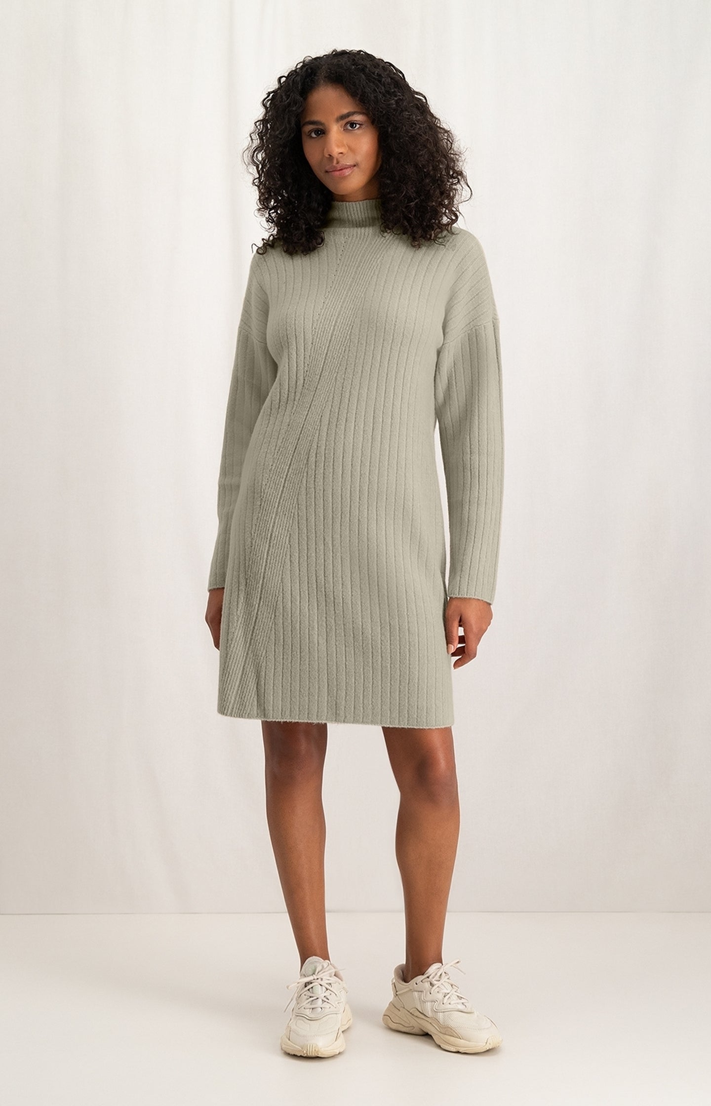 Knitted dress with turtleneck and long sleeves in rib stitch