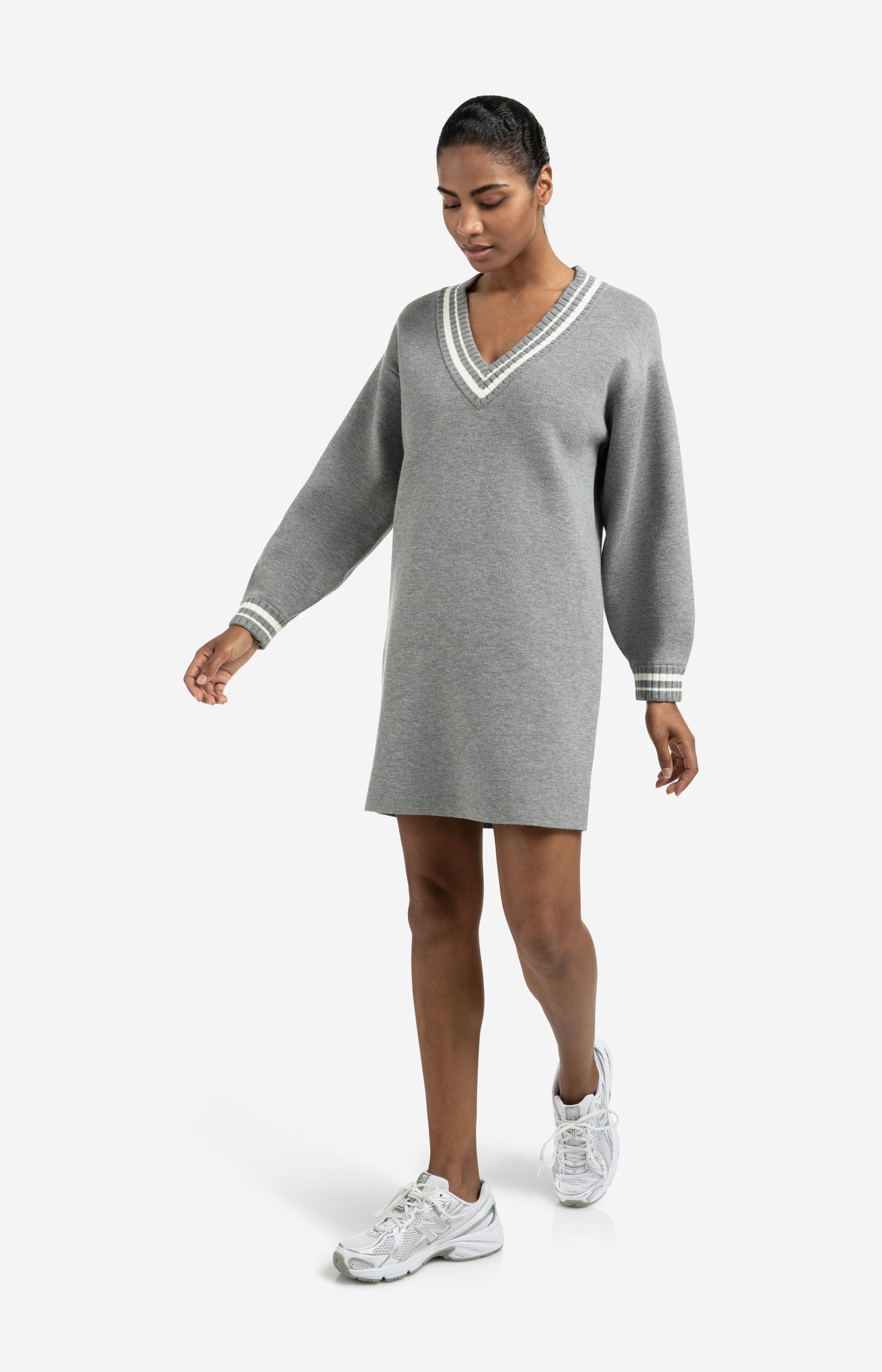 Knitted dress with V-neck and ribbed details - Type: lookbook
