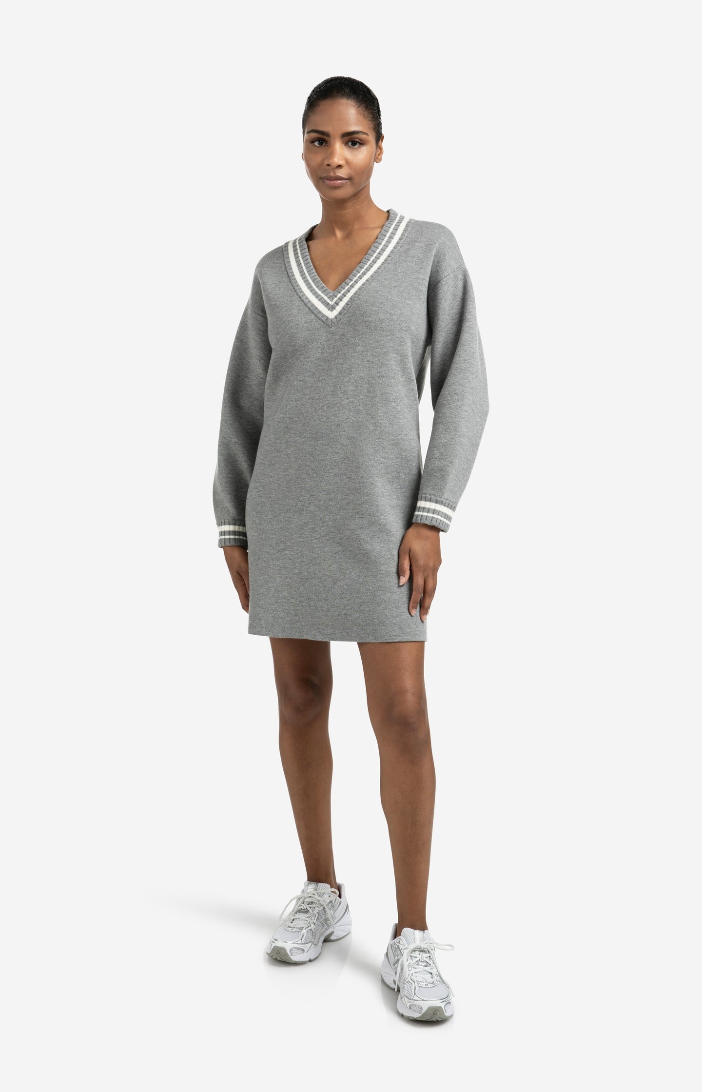 Knitted dress with V-neck and ribbed details