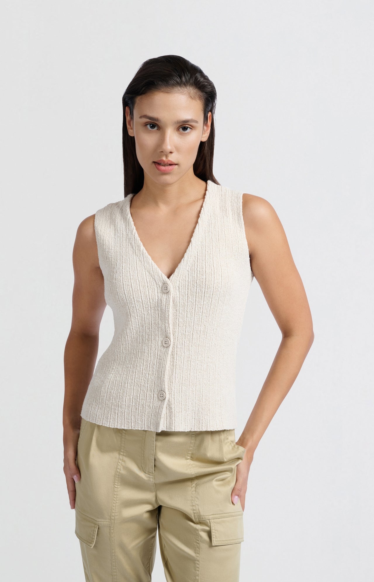 Knitted gilet with ribbed texture and button closure - Type: lookbook