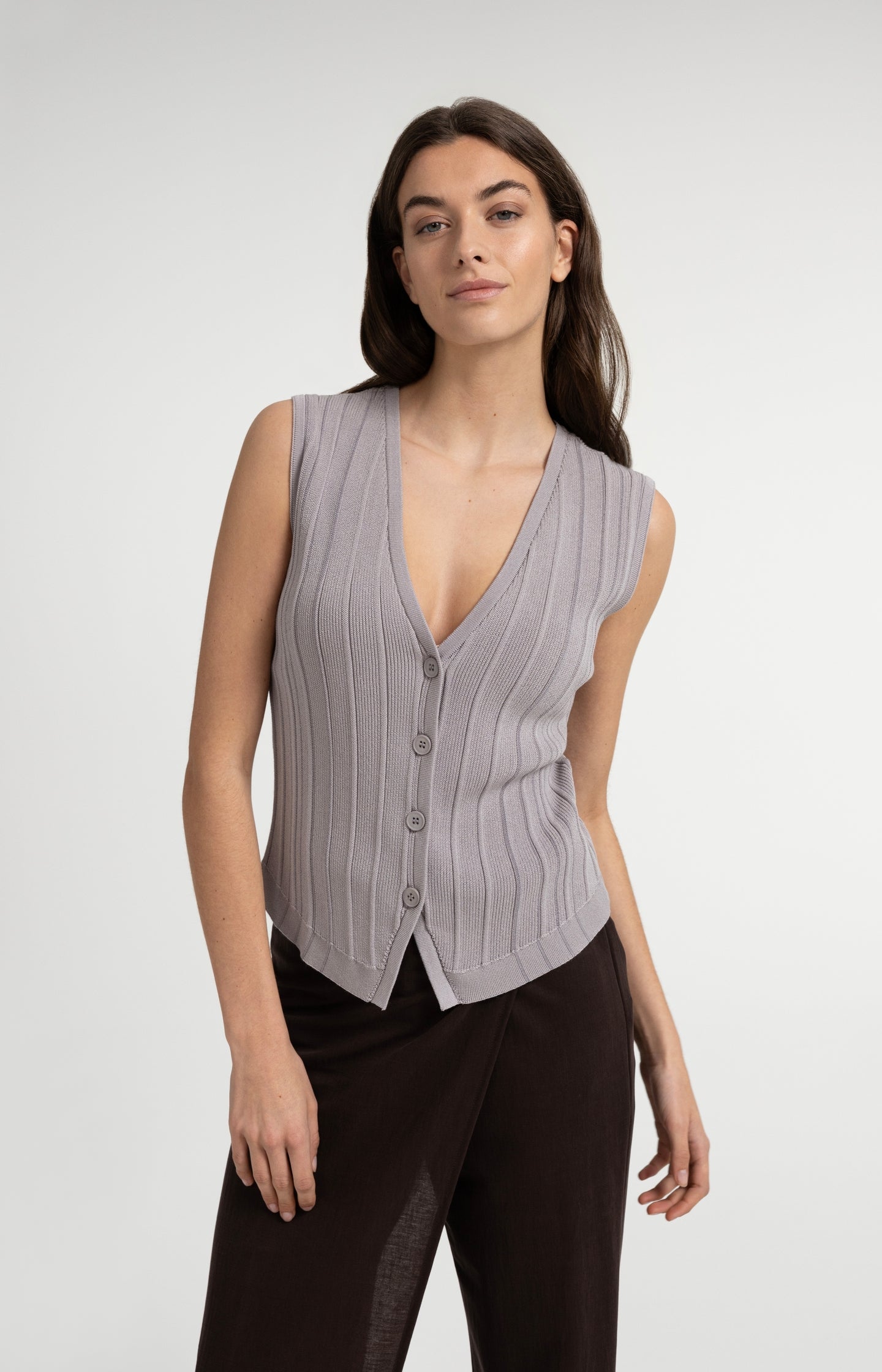 Knitted gilet with V-neck and stripe design - Type: lookbook