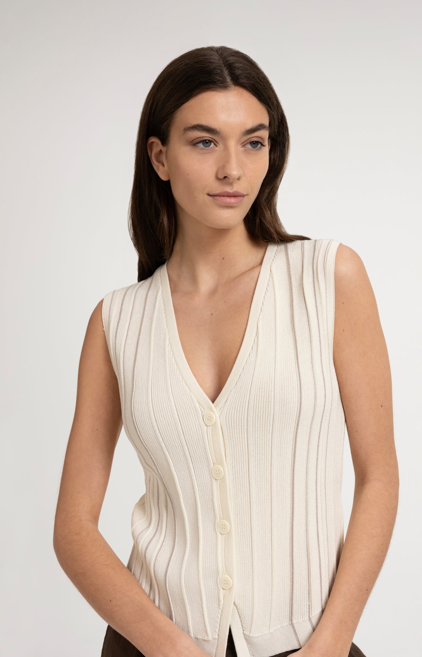 Knitted gilet with V-neck and stripe design - Type: lookbook