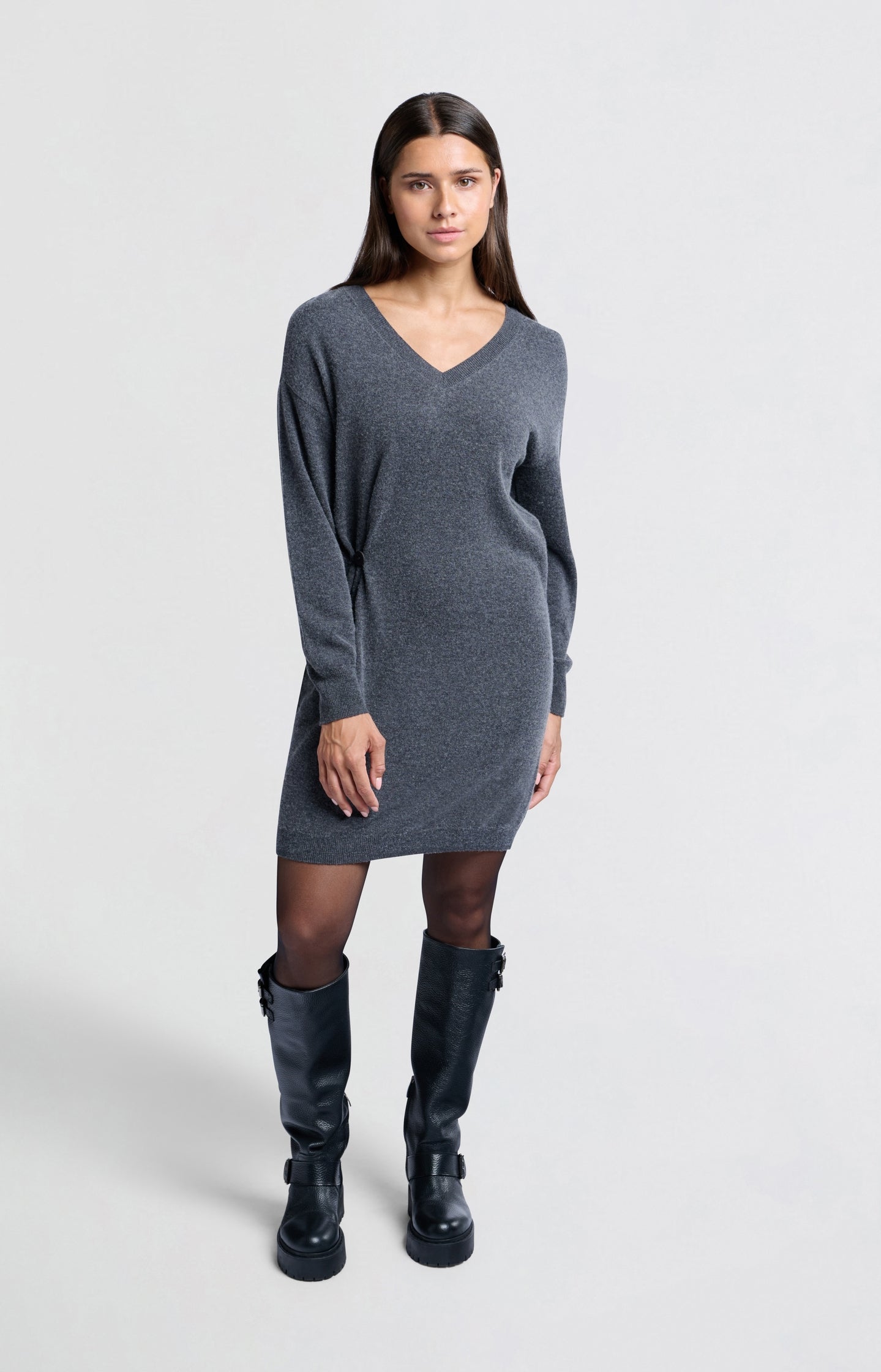 Knitted grey midi dress with V-neck and loose fit