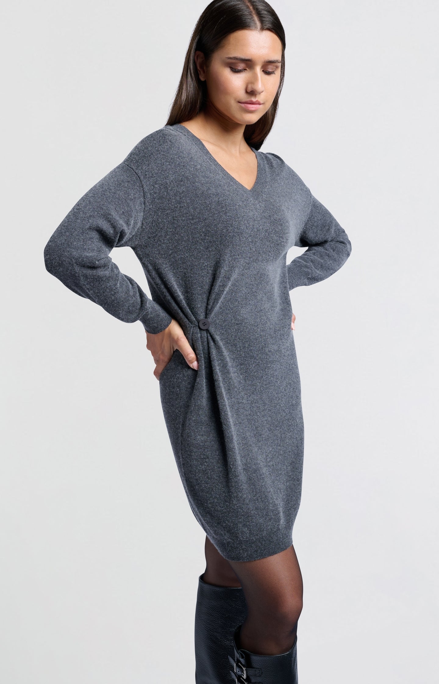 Knitted grey midi dress with V-neck and loose fit