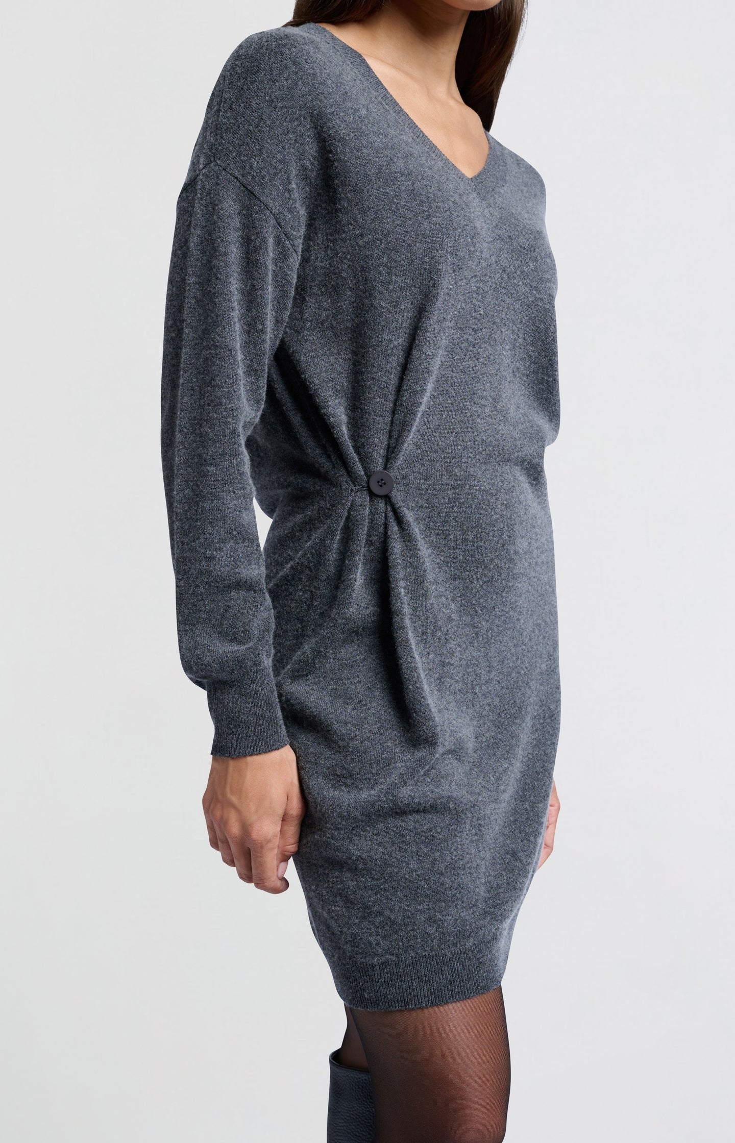 Knitted grey midi dress with V-neck and loose fit