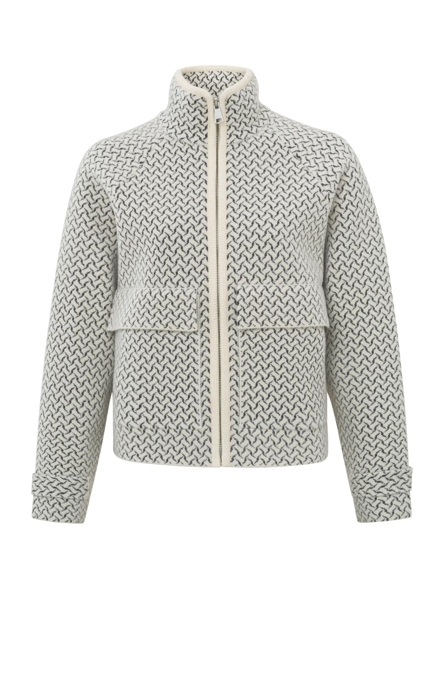 Knitted jacket with a woven print, long sleeves and zipper - Type: product